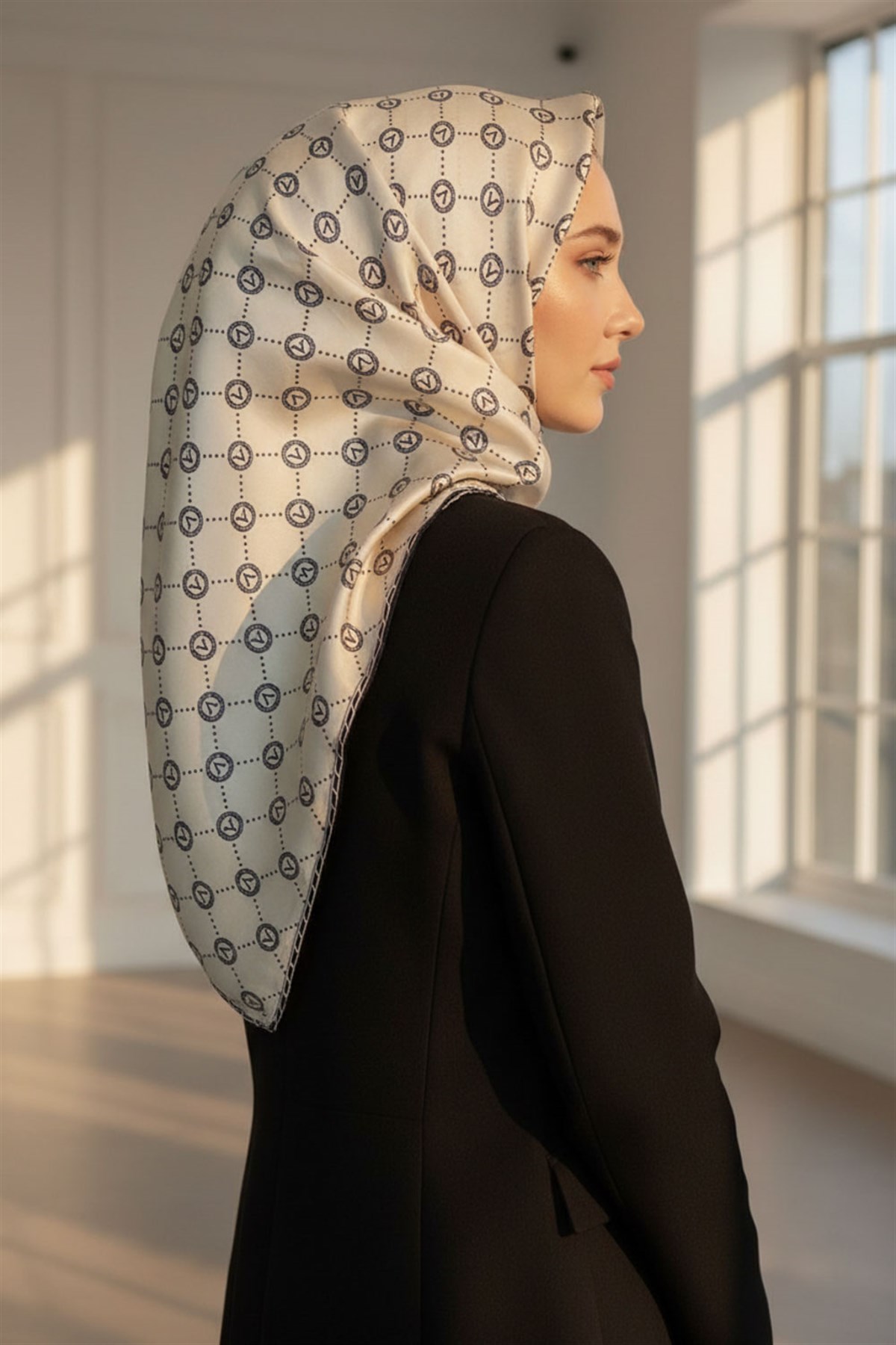 %100 Twill İpek Monogram Desenli Krem - Siyah Renkli 90x90 Eşarp Dikim Şekli : El Dikişi