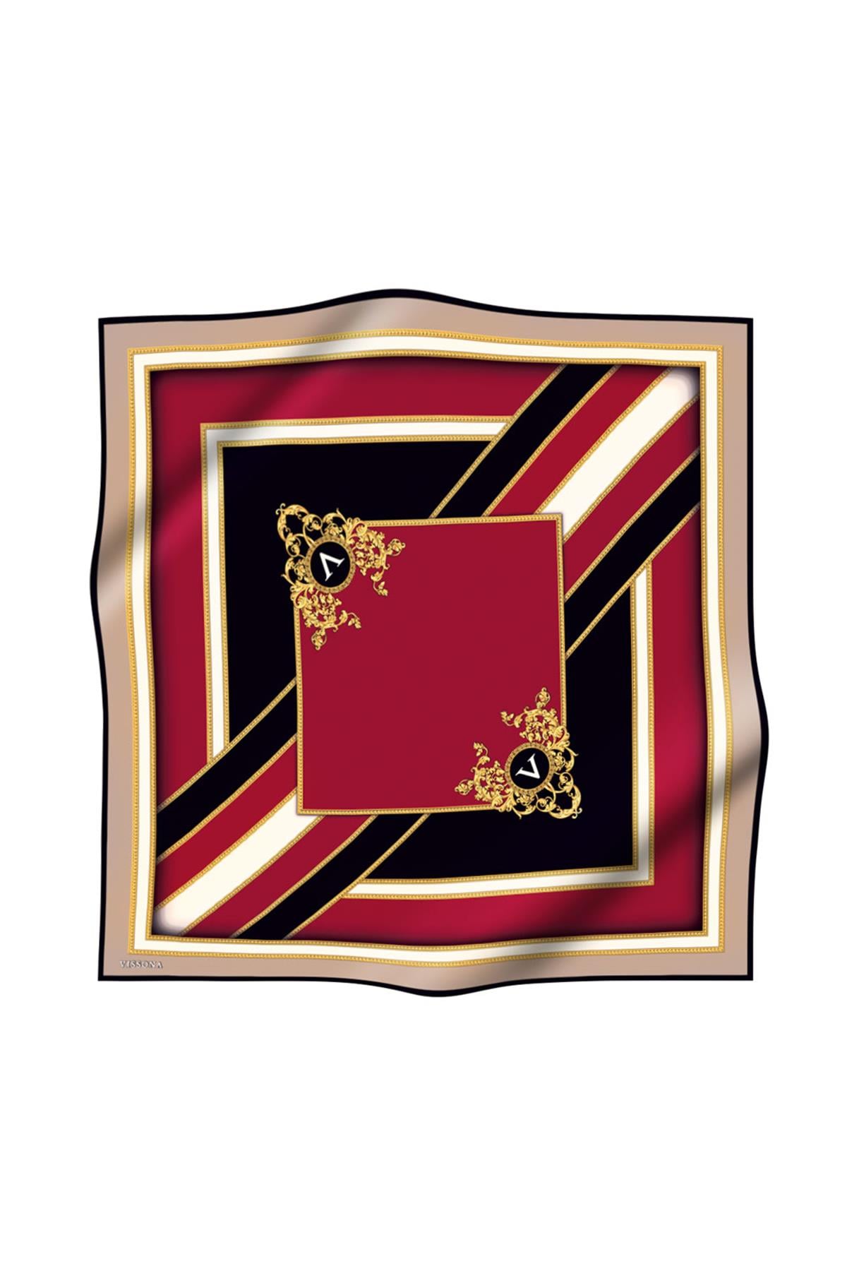 %100 Twill İpek Baroklu Ve Geometrik Desenli Bordo - Bej Renkli 90x90 Eşarp Dikim Şekli : El Dikişi