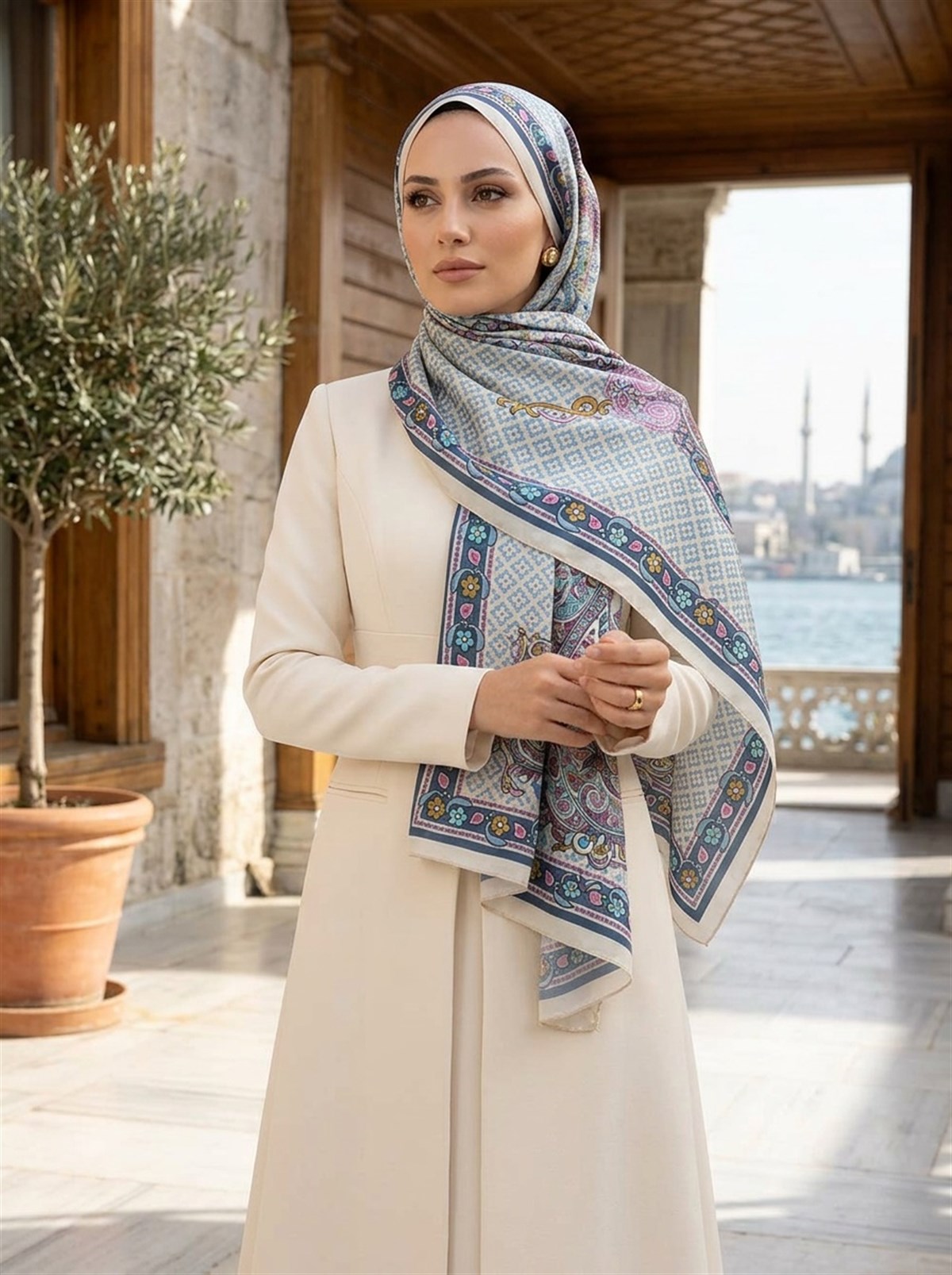 %100 Saf İpek Şal İnce Saten Vual Dokuma Etro Desenli Krem - Mürdüm Renkli 90x210 Şal