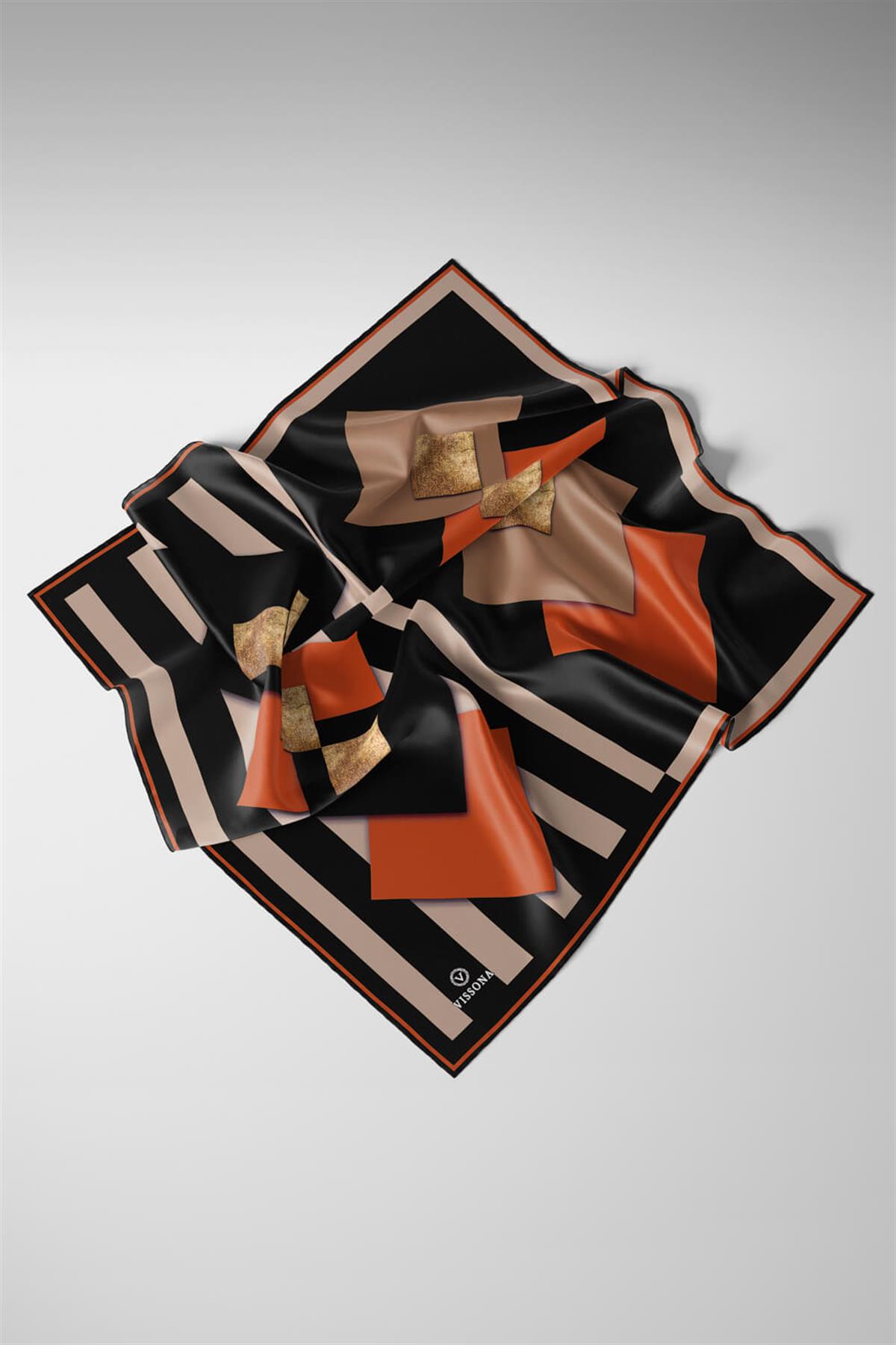 %100 Twill İpek Karo Desenli Bej - Taba Renkli 90x90 Eşarp Dikim Şekli : El Dikişi