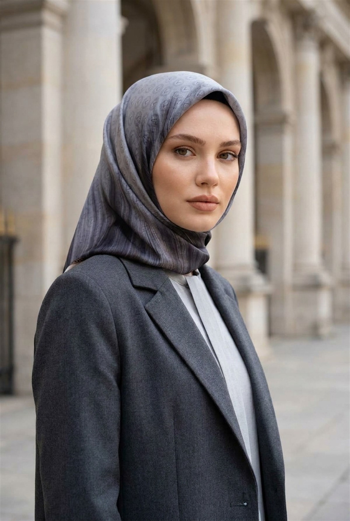 % 57 İPEK % 43 VİSKON Twill İpek Monogram Desenli Gri Renkli 90x90 Dikim Şekli : El Dikişi Eşarp