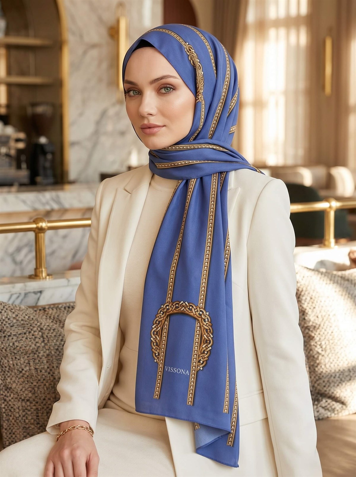 KREP ZİNCİR DESENLİ İNDİGO RENKLİ 75X195 KIRIŞMAZ ŞAL