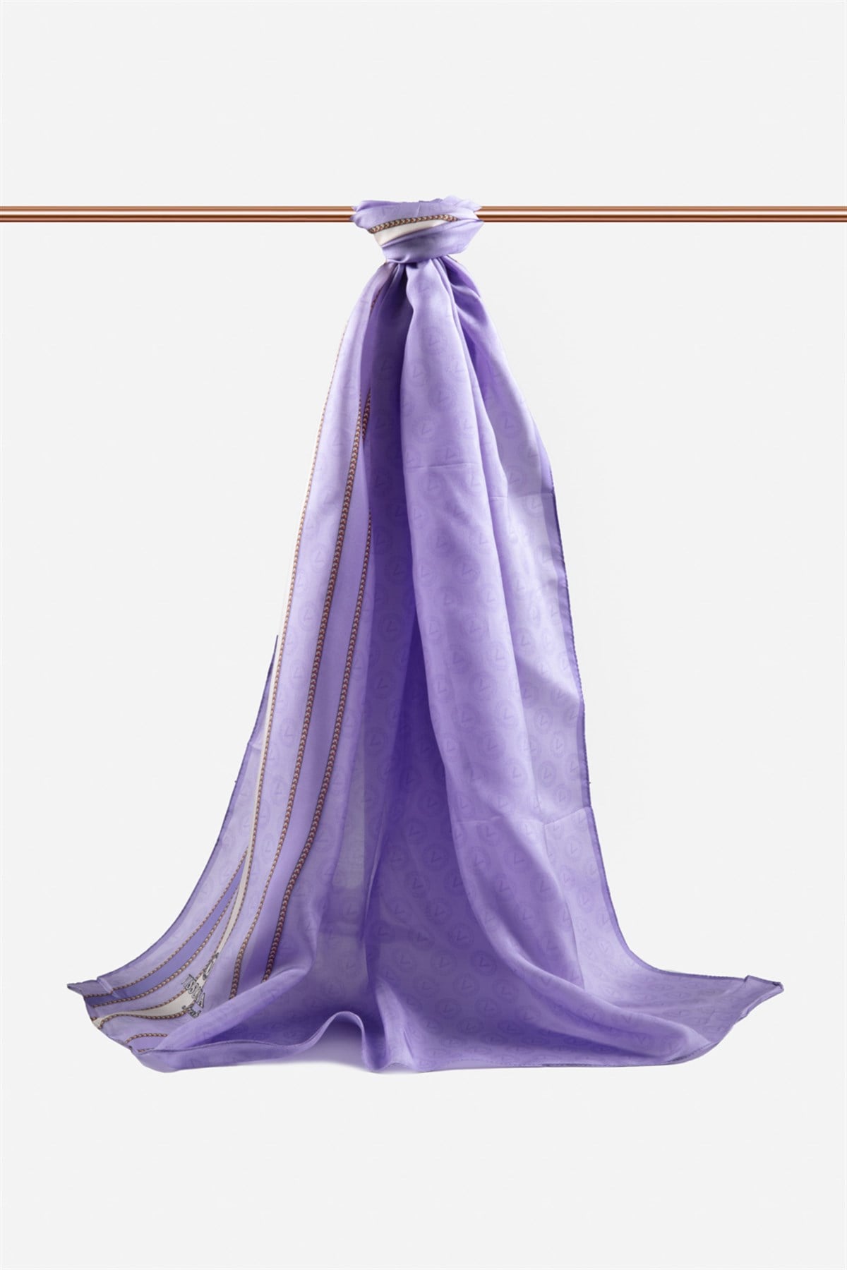 %100 İpek Monogram Desenli Lila - Krem Renkli 92x210 Şal