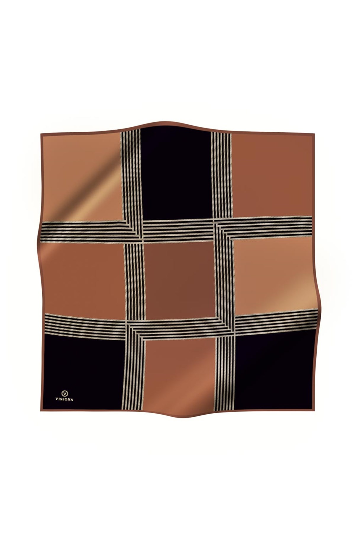 %100 Twill İpek Geometrik Desenli Bakır Renkli 90x90 Eşarp Dikim Şekli : El Dikişi