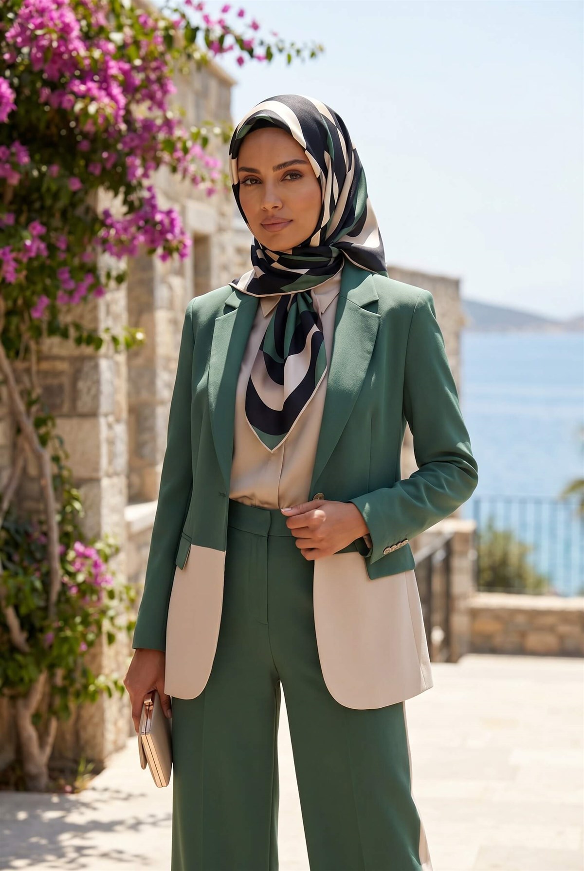 %100 Twill İpek Geometrik Desenli Petrol Yeşili - Bej Renkli 90x90 Eşarp Dikim Şekli : El Dikişi
