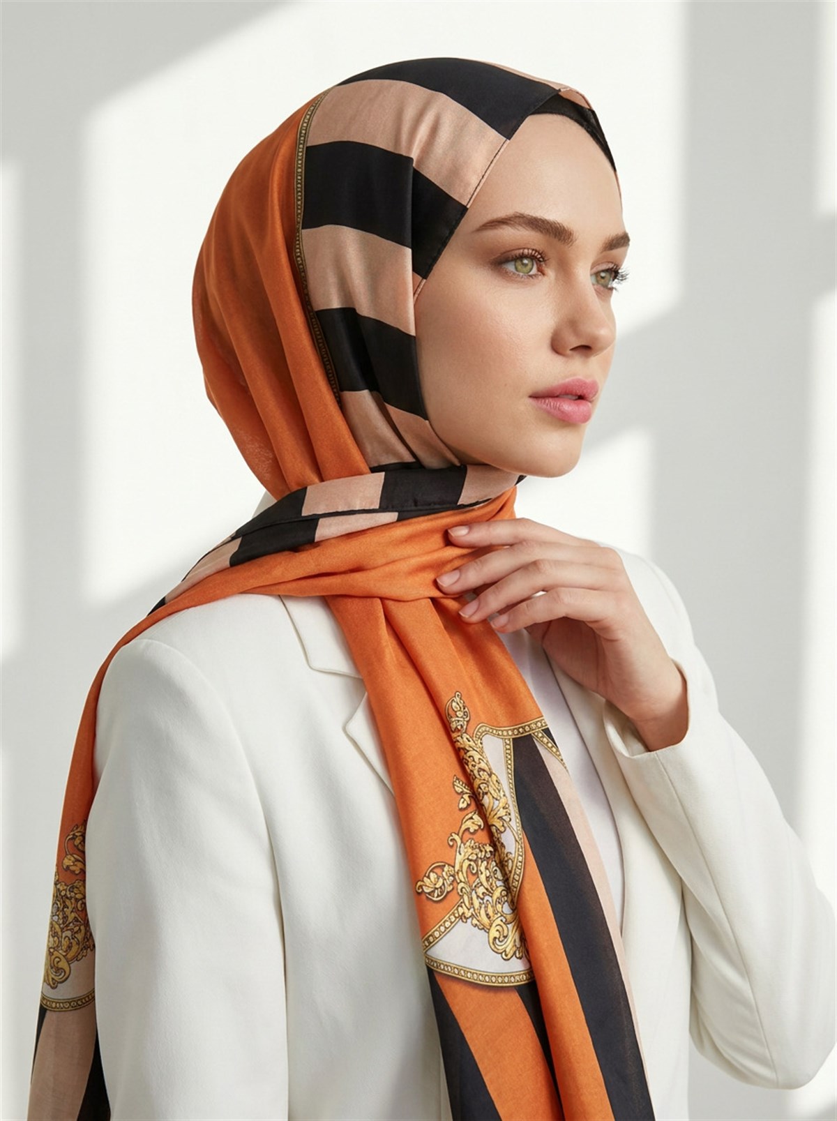 %100 Saf İpek Şal İnce Saten Vual Dokuma Şerit Ve Varak Desenli Taba - Bej Renkli 90x210 Şal