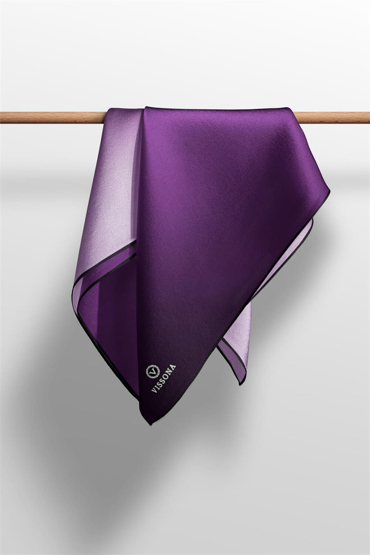 %100 Twill İpek Degrade Desenli Mürdüm Renkli 90x90 Eşarp Dikim Şekli : El Dikişi