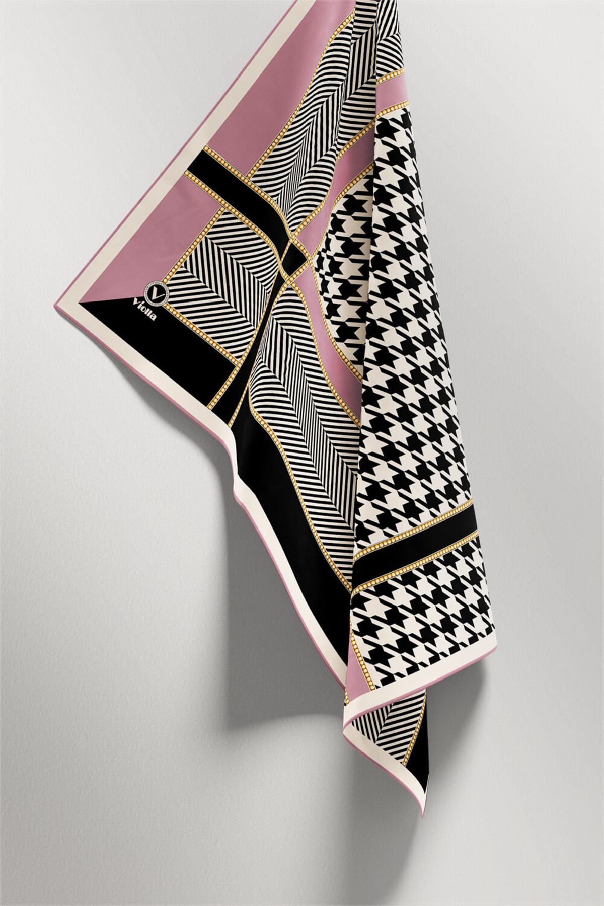 Twill Kazayağı Desenli Pembe Renkli 90x90 Eşarp (İpek İçermez) Kenar Dikiş Şekli El Dikişli