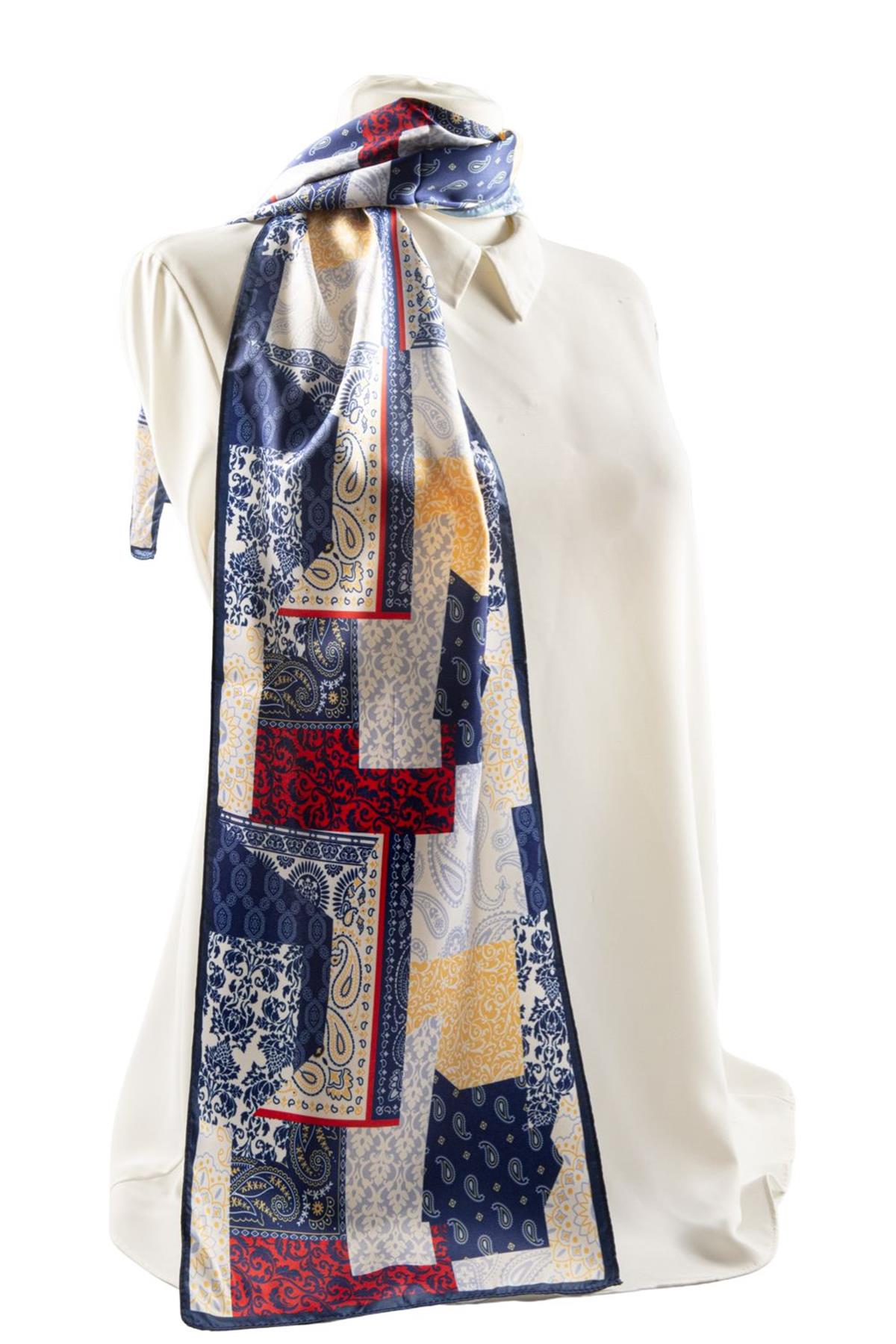 I71 Modabutik Şal Desenli Mavi Kırmızı Fular