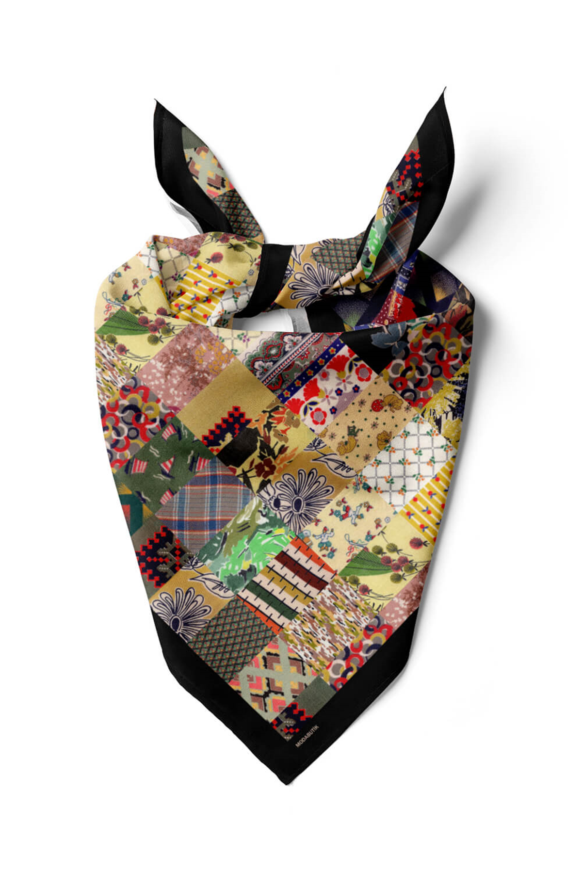 D99 Kadın Patchwork Desenli Bandana 50x50 Yeşil Sarı DG0259-22