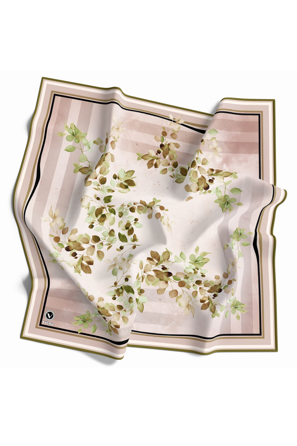 Twill Çiçek Desenli Haki Yeşili Renkli 90x90 Eşarp (İpek İçermez) Kenar Dikiş Şekli El Dikişli
