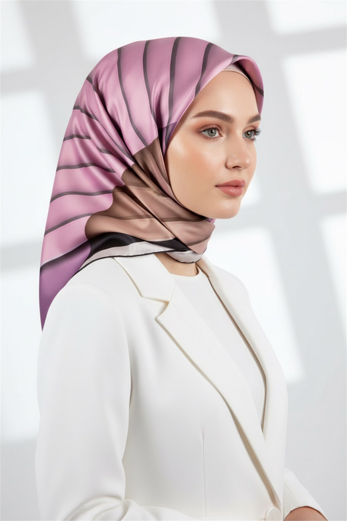 Rayon Zikzak Çizgi Desenli Lila Renkli 90x90 Eşarp (İpek İçermez) Dikim Şekli : El Dikişi