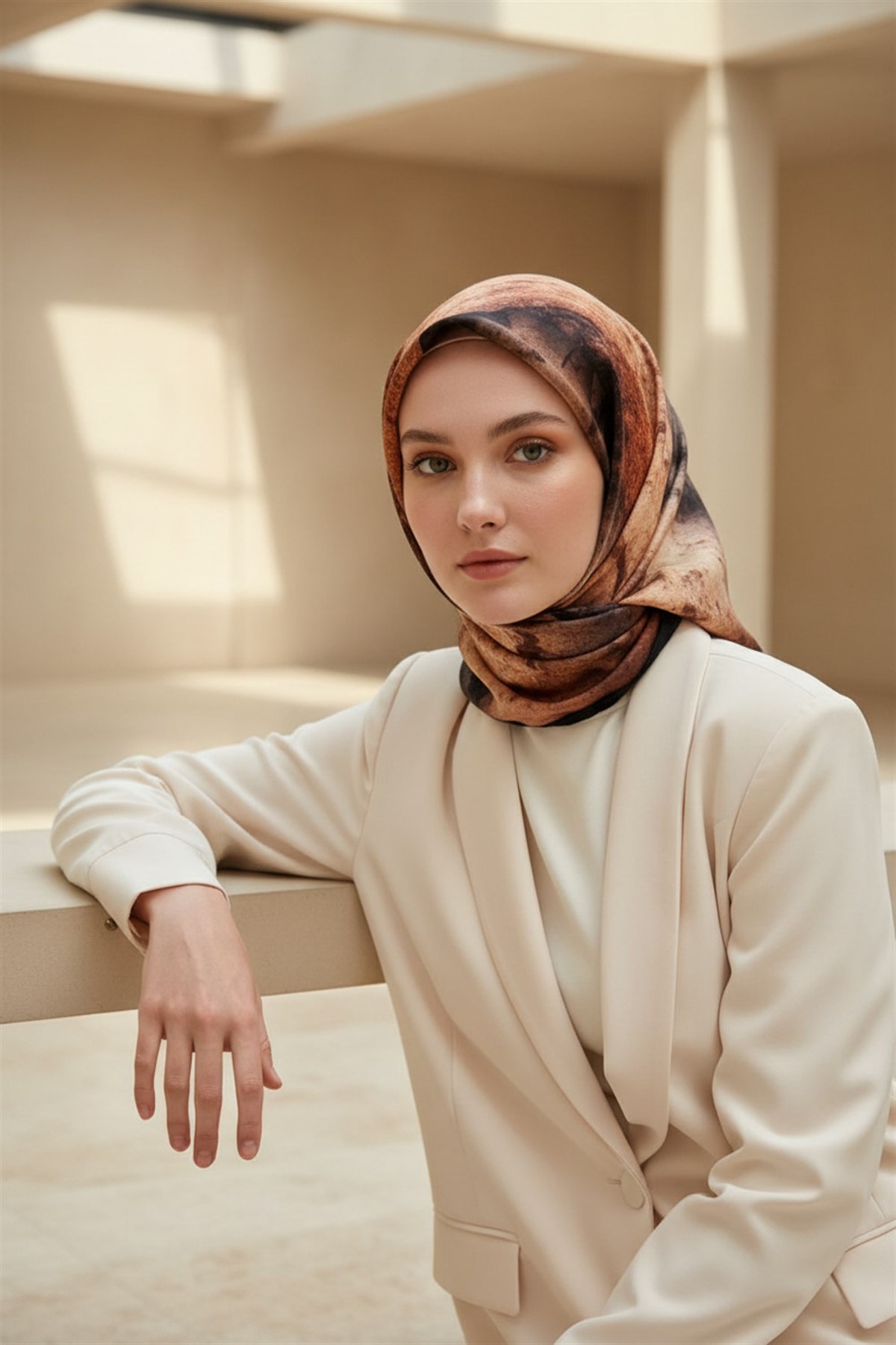 % 57 İPEK % 43 VİSKON Twill İpek Dokulu Ve Geometrik Desenli Taba - Hardal Renkli 90x90 Eşarp Dikim Şekli : El Dikişi