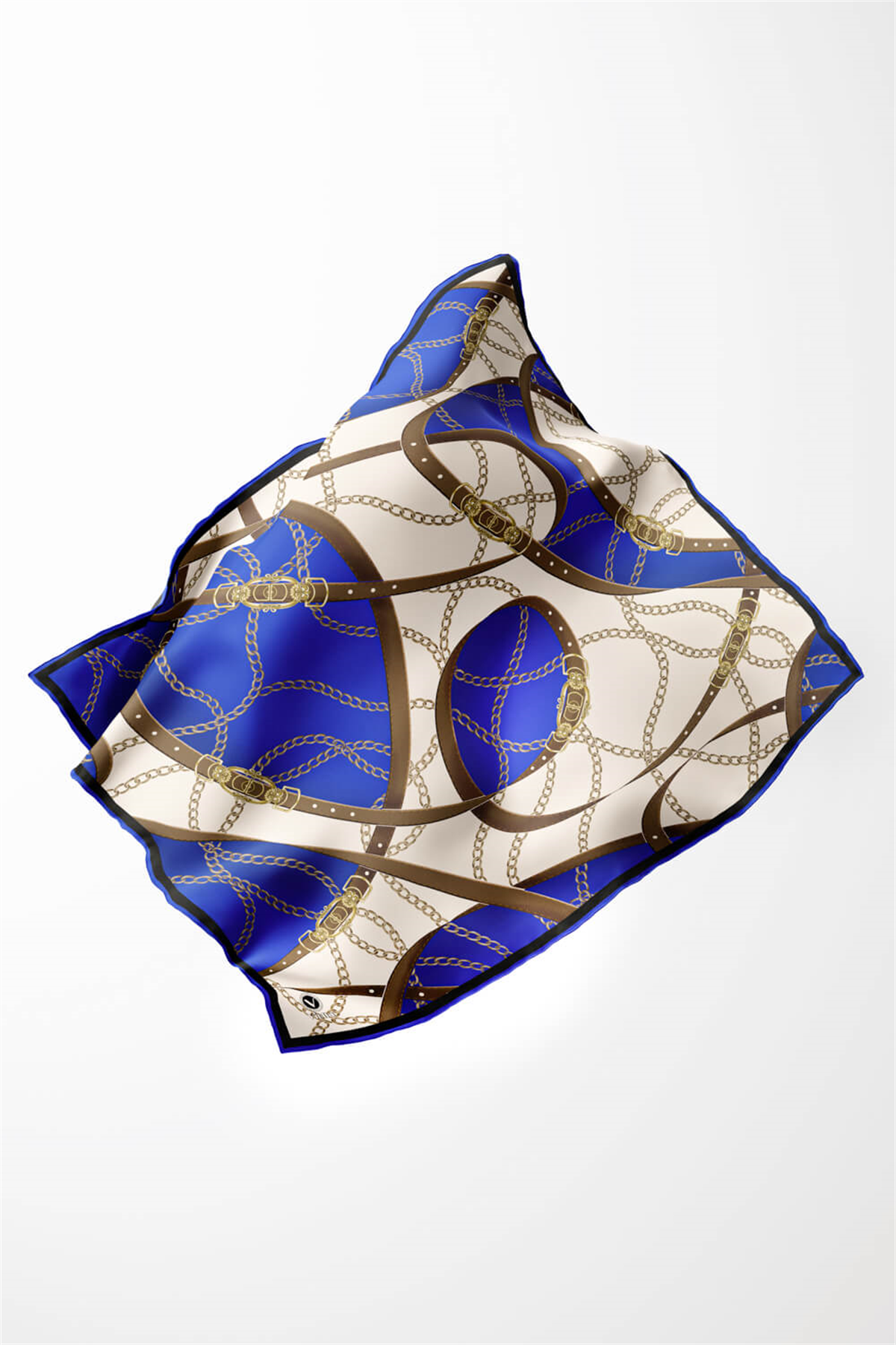 Twill Kemer ve Zincir Desenli Saks Renkli 90x90 Eşarp (İpek İçermez) Kenar Dikiş Şekli El Dikişli