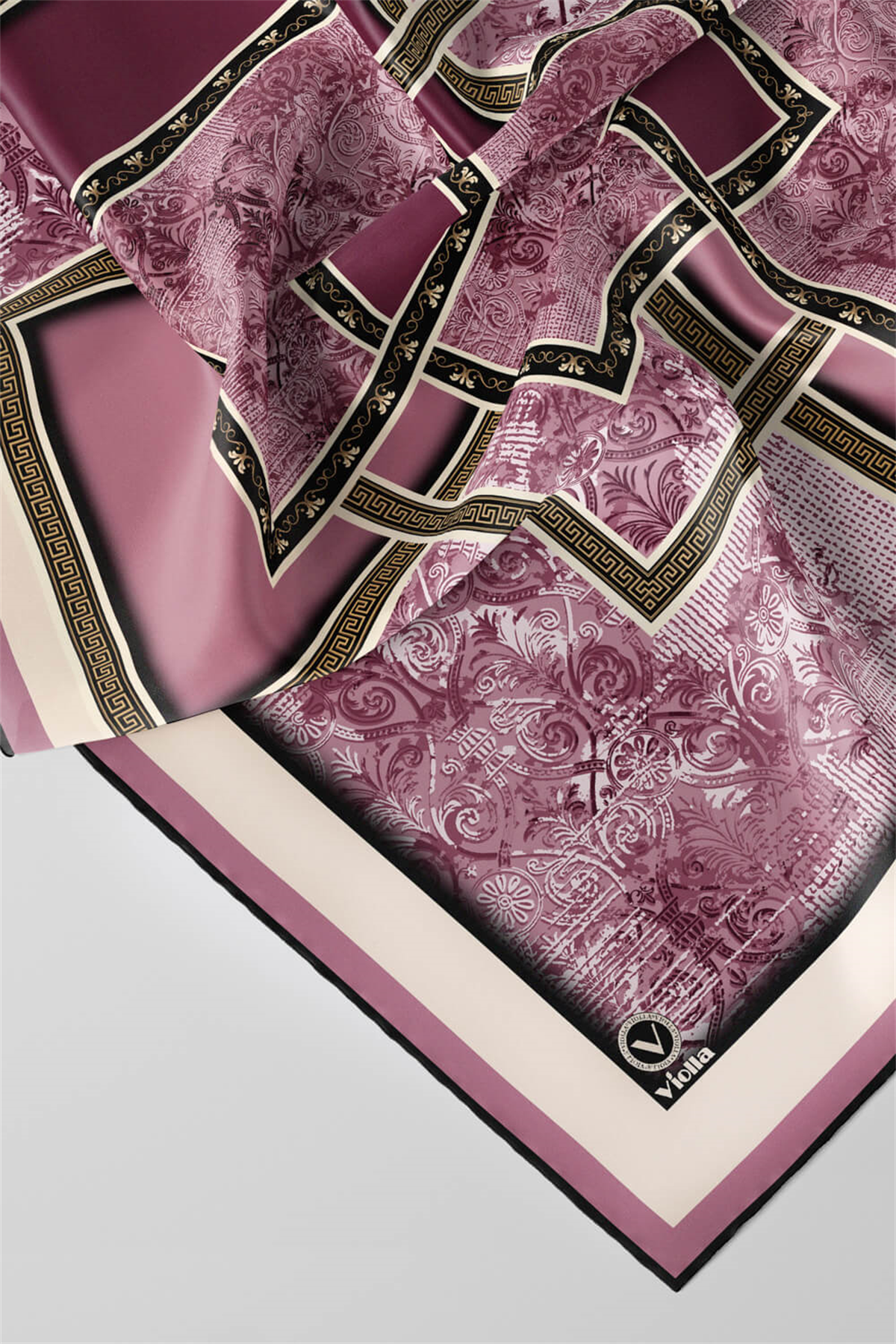 Twill Geometrik Desenli Mürdüm Renkli 90x90 Eşarp (İpek İçermez) Kenar Dikiş Şekli El Dikişli