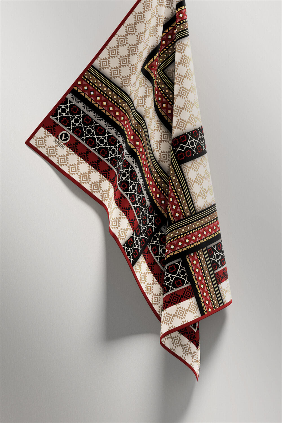 Twill Etnik Desenli Bordo Renkli 90x90 Eşarp (İpek İçermez) Kenar Dikiş Şekli El Dikişli