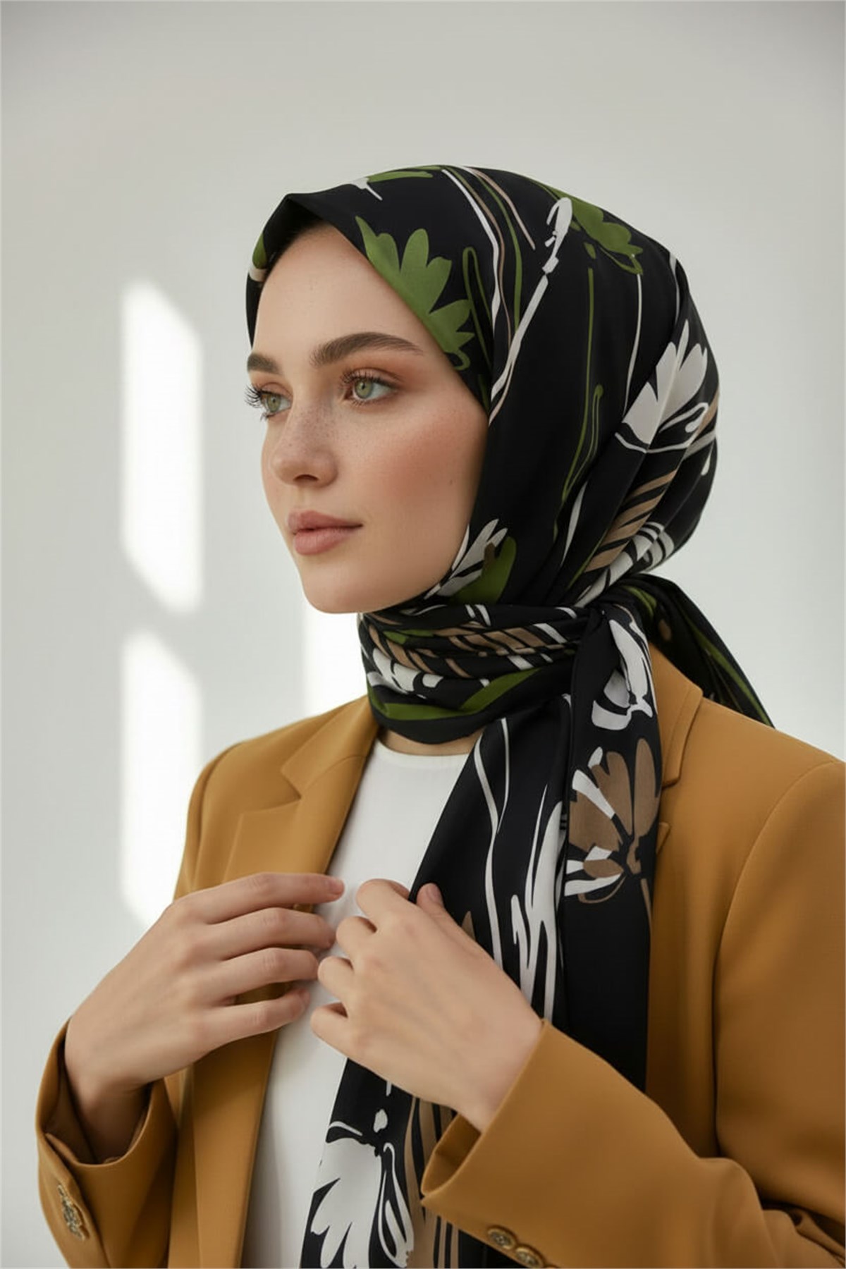 KREP ÇİÇEK DESENLİ HAKİ RENKLİ 75X195 KIRIŞMAZ ŞAL