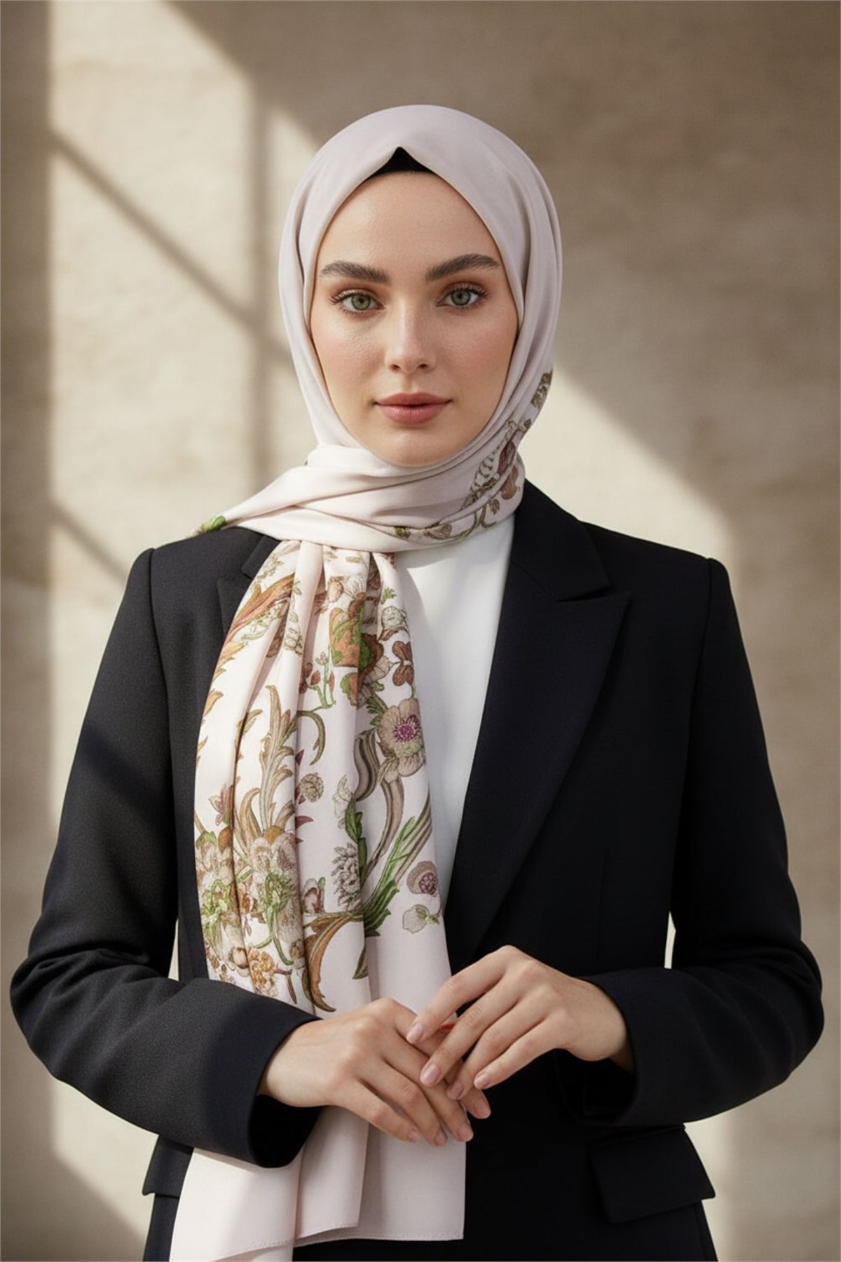 KREP NAKIŞ ÇİÇEK DESENLİ BEJ RENKLİ 75X195 KIRIŞMAZ ŞAL