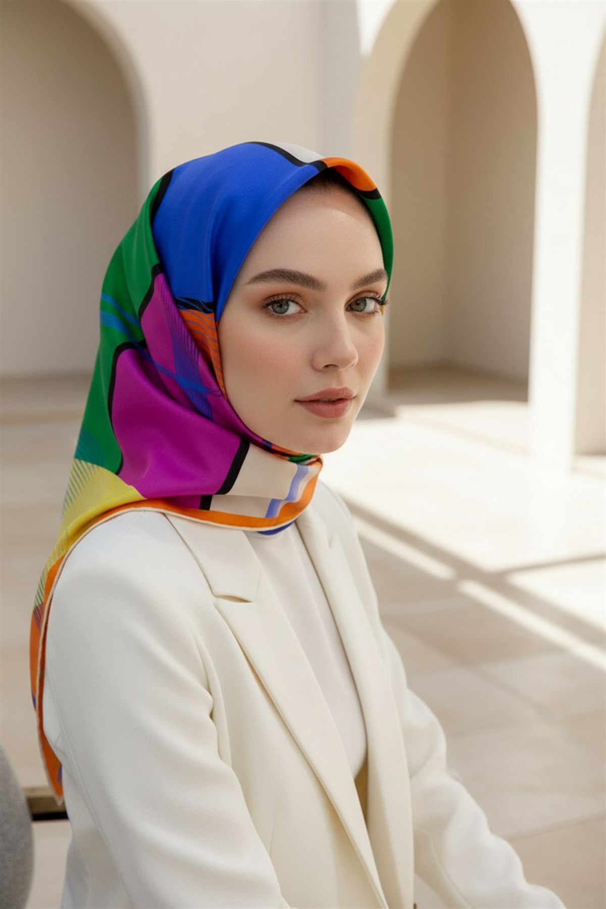 %100 Twill İpek Geometrik Desenli Turuncu - Saks Renkli 90x90 Eşarp Dikim Şekli : El Dikişi