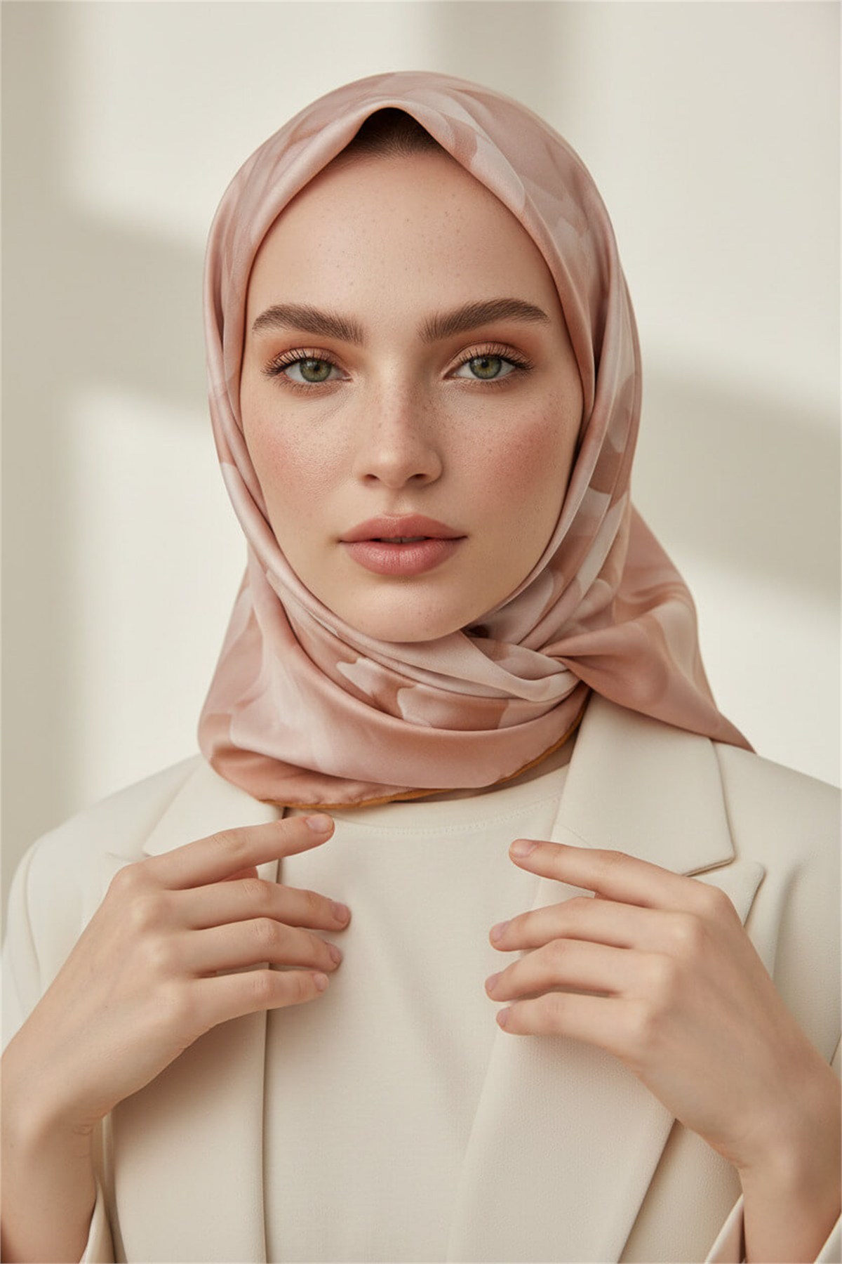 Rayon Büyük Çiçek Desenli Bej Renkli 90x90 Eşarp (İpek İçermez) Kenar Dikiş Şekli El Dikişli