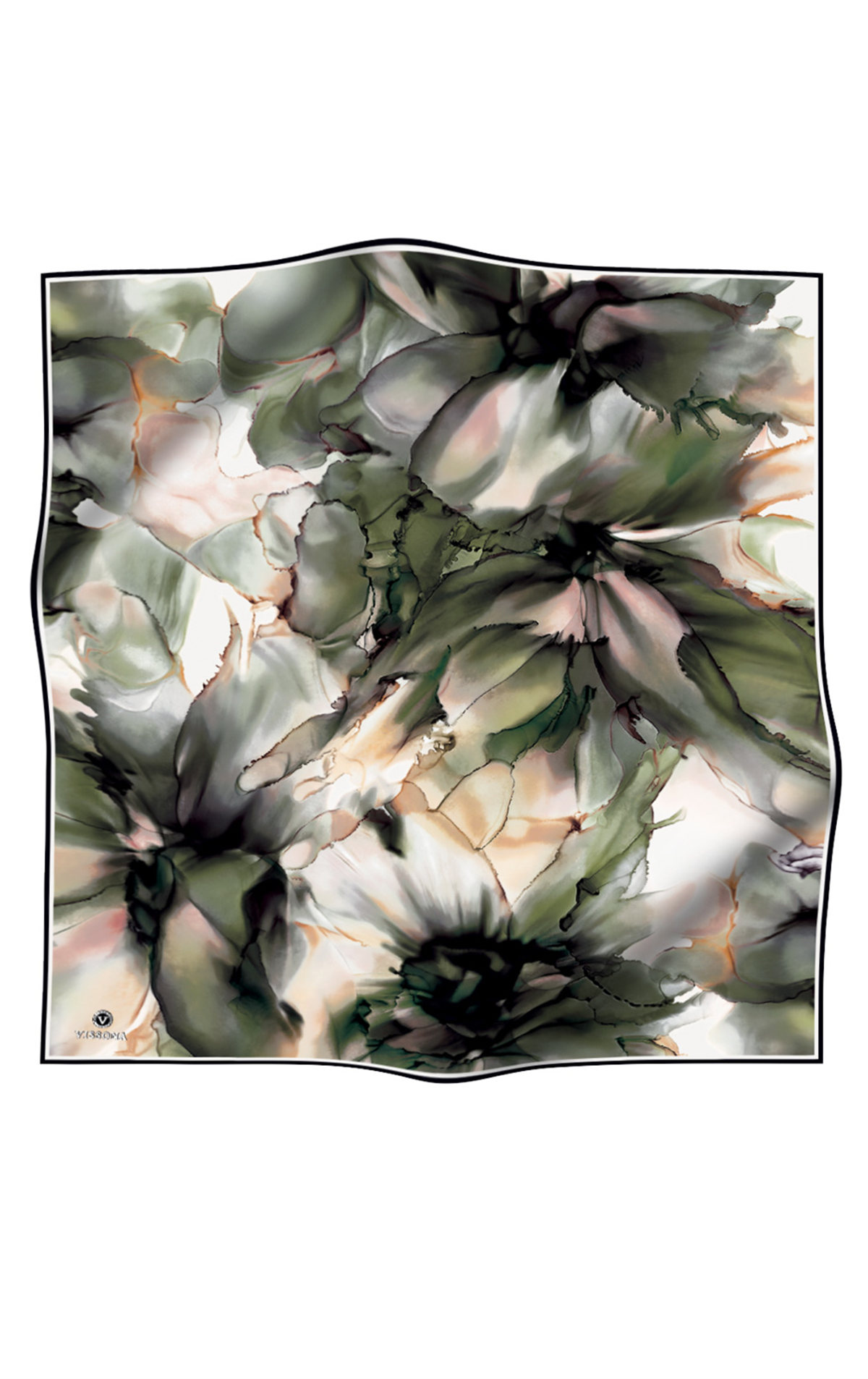 % 57 İPEK % 43 VİSKON Twill İpek Sulu Boyalı Çiçek Desenli Haki - Vizon Renkli 90x90 Eşarp Dikim Şekli : El Dikişi