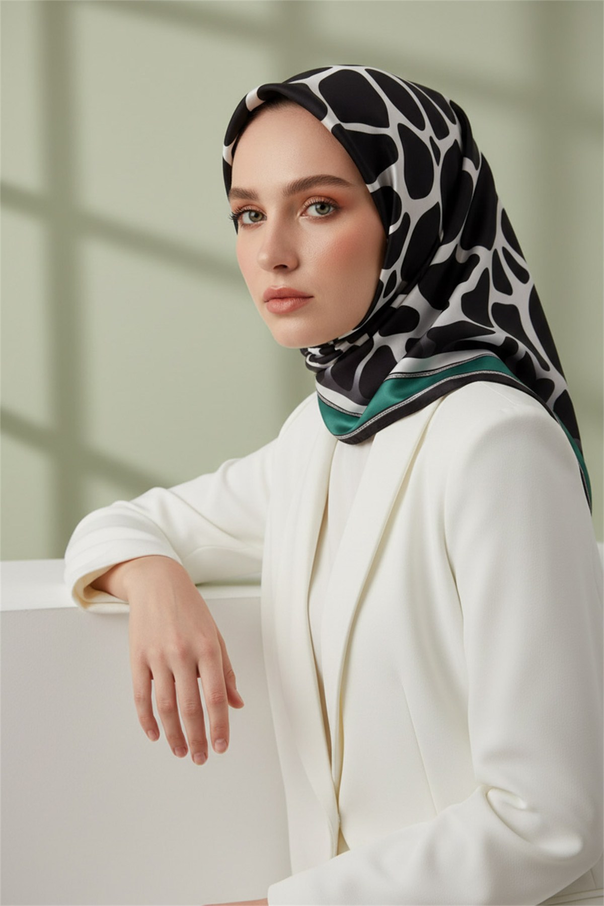 Kristal Taş Desenli Petrol Yeşili Renkli 90x90 Eşarp (İpek İçermez) Dikim Şekli : El Dikişi