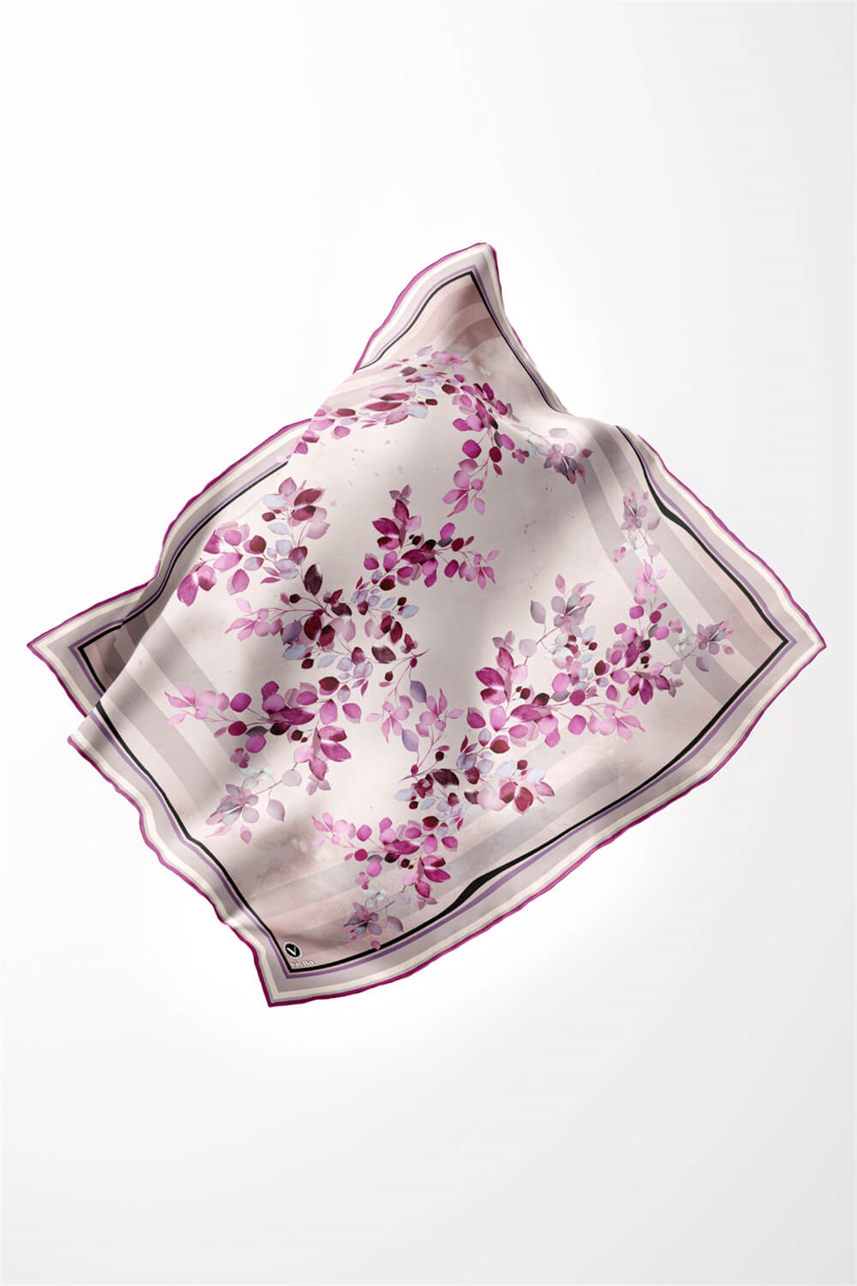 Twill Çiçek Desenli Mürdüm Renkli 90x90 Eşarp (İpek İçermez) Kenar Dikiş Şekli El Dikişli