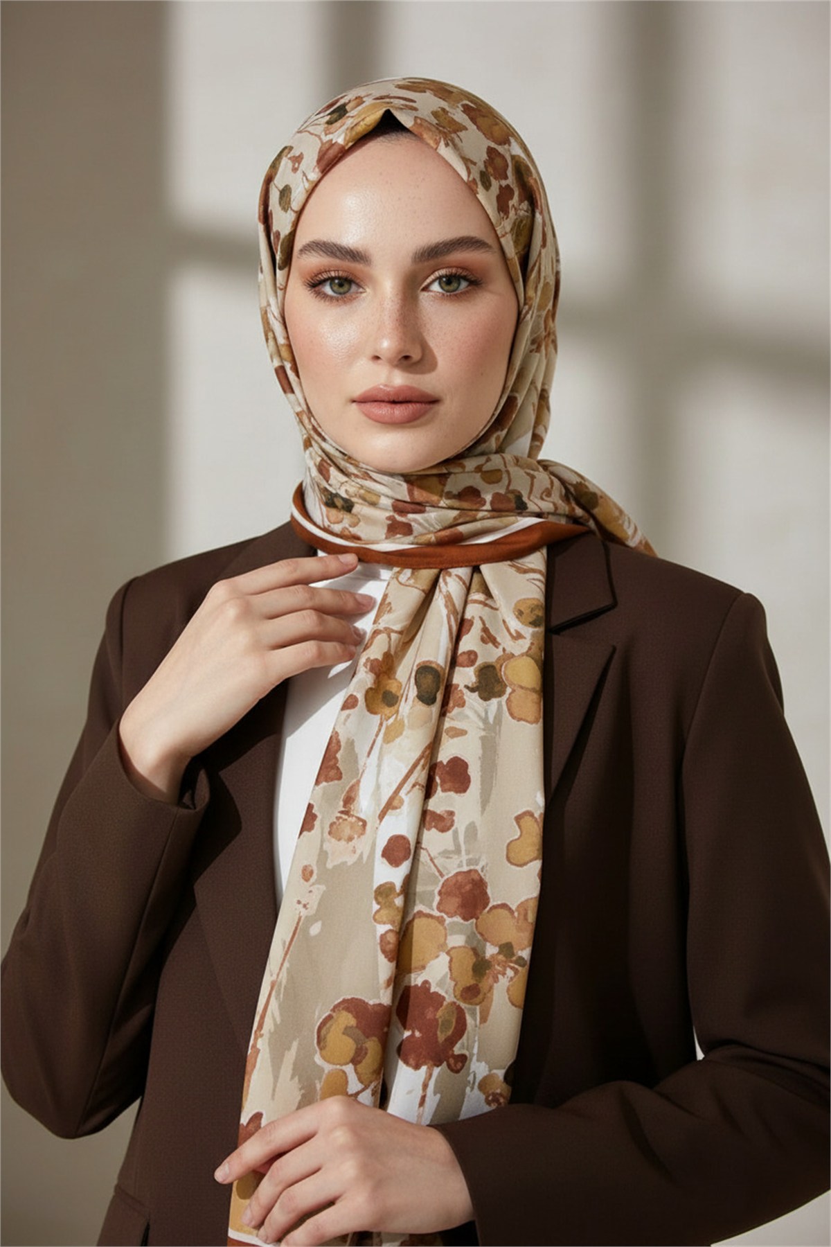 KREP BAHAR DALI DESENLİ TABA RENKLİ 75X195 KIRIŞMAZ ŞAL