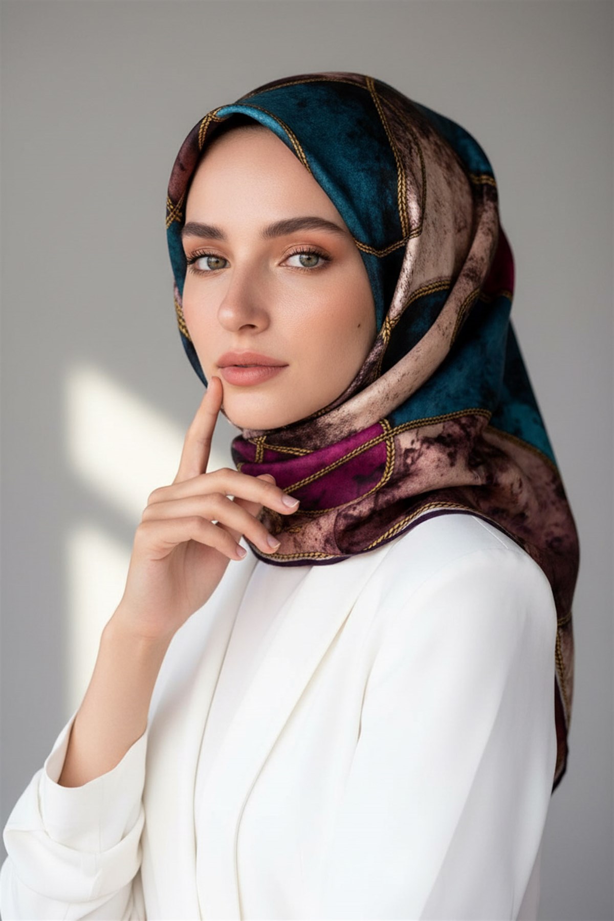 %100 Twill İpek Zincirli Mermer Desenli Mürdüm - Petrol Mavisi Renkli 90x90 Eşarp Dikim Şekli : El Dikişi
