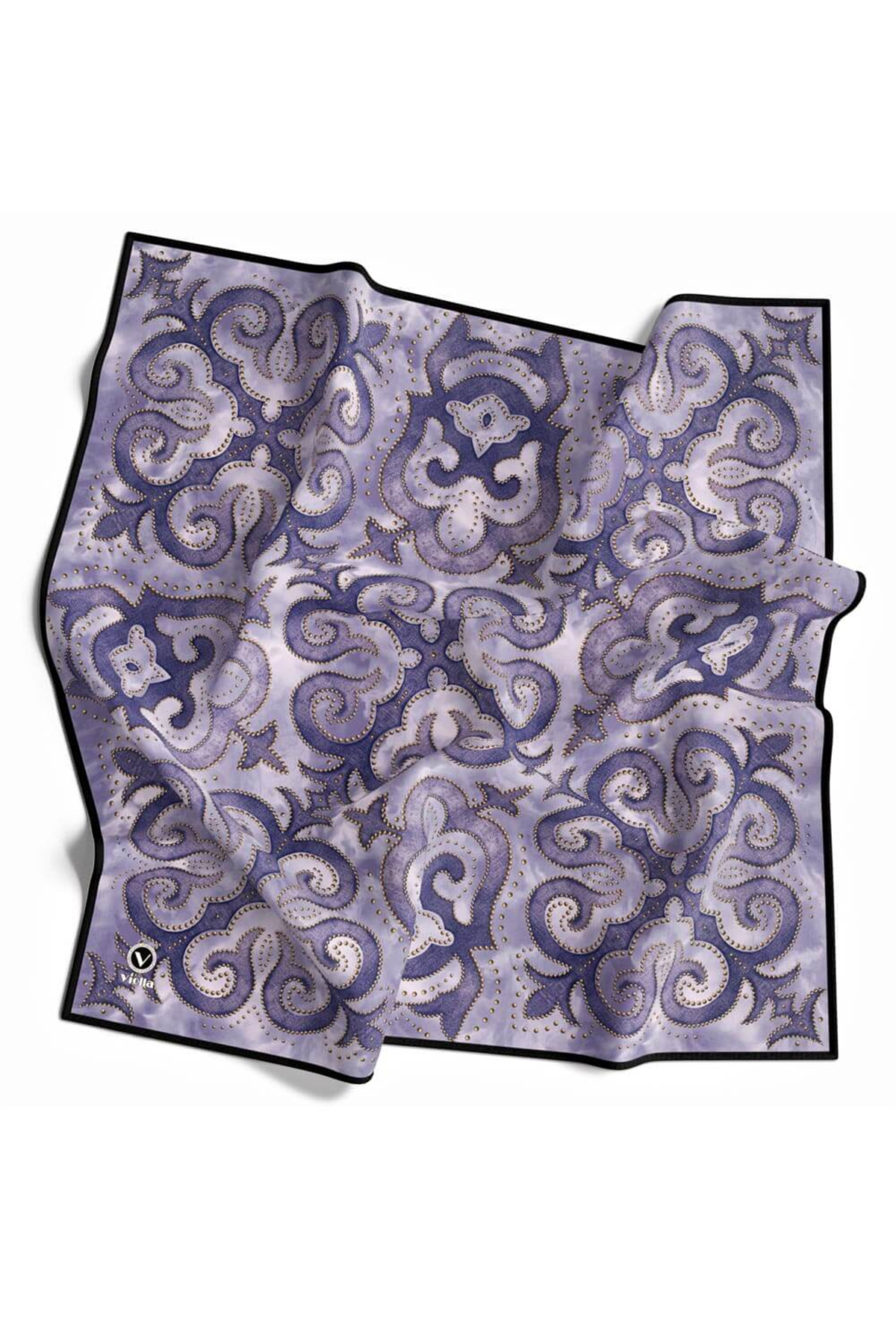 Twill Barok Desenli İndigo Renkli 90x90 Eşarp (İpek İçermez) Kenar Dikiş Şekli El Dikişli