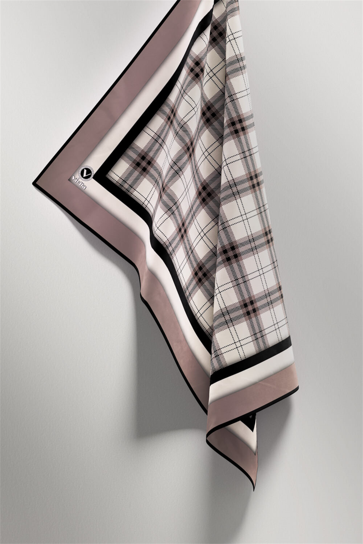 Twill Ekose Desenli Bej Renkli 90x90 Eşarp (İpek İçermez) Kenar Dikiş Şekli El Dikişli