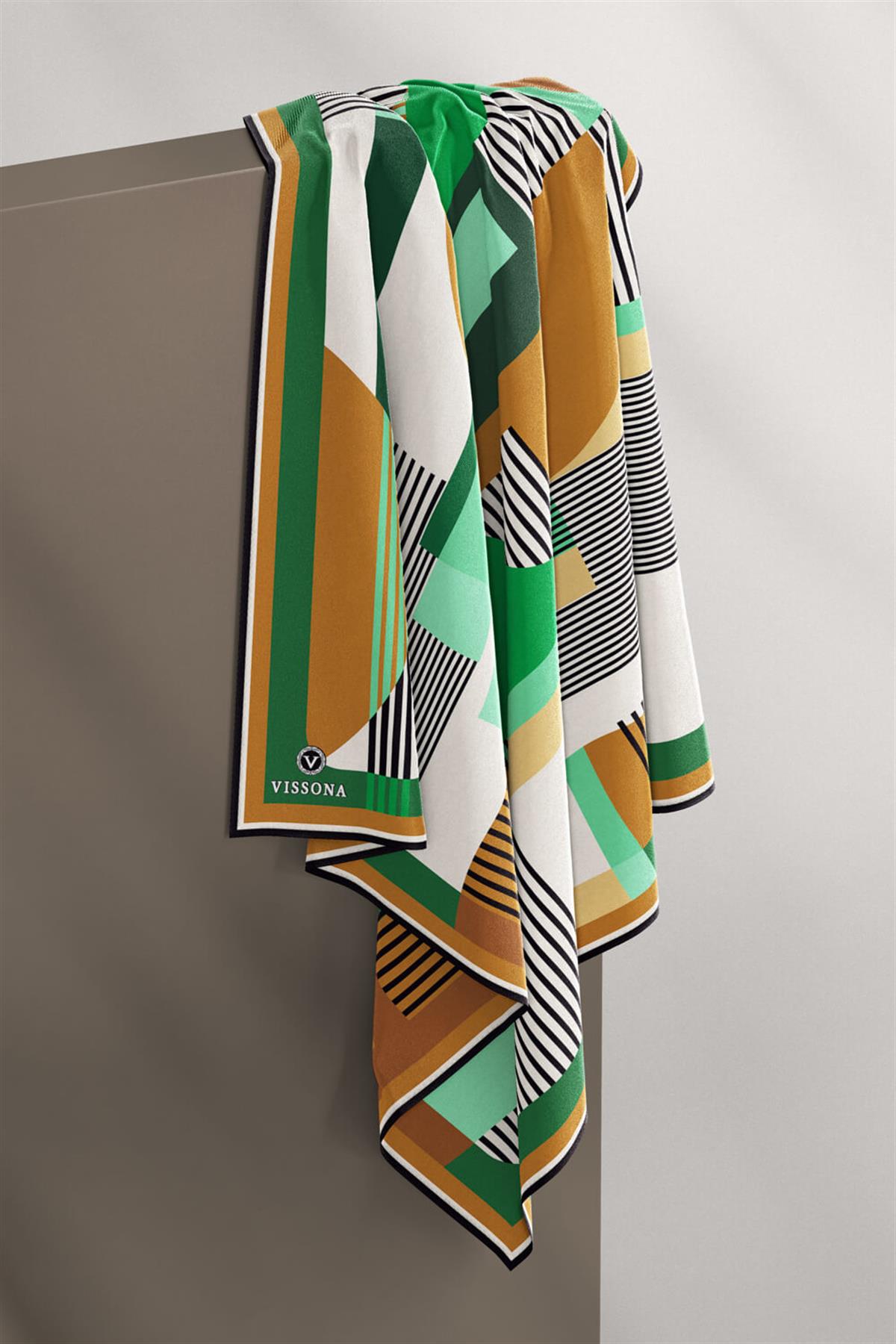 100% Twill İpek Geometrik Desenli Zümrüt Yeşili - Hardal Renkli 90x90 Dikim Şekli : El Dikişi Eşarp