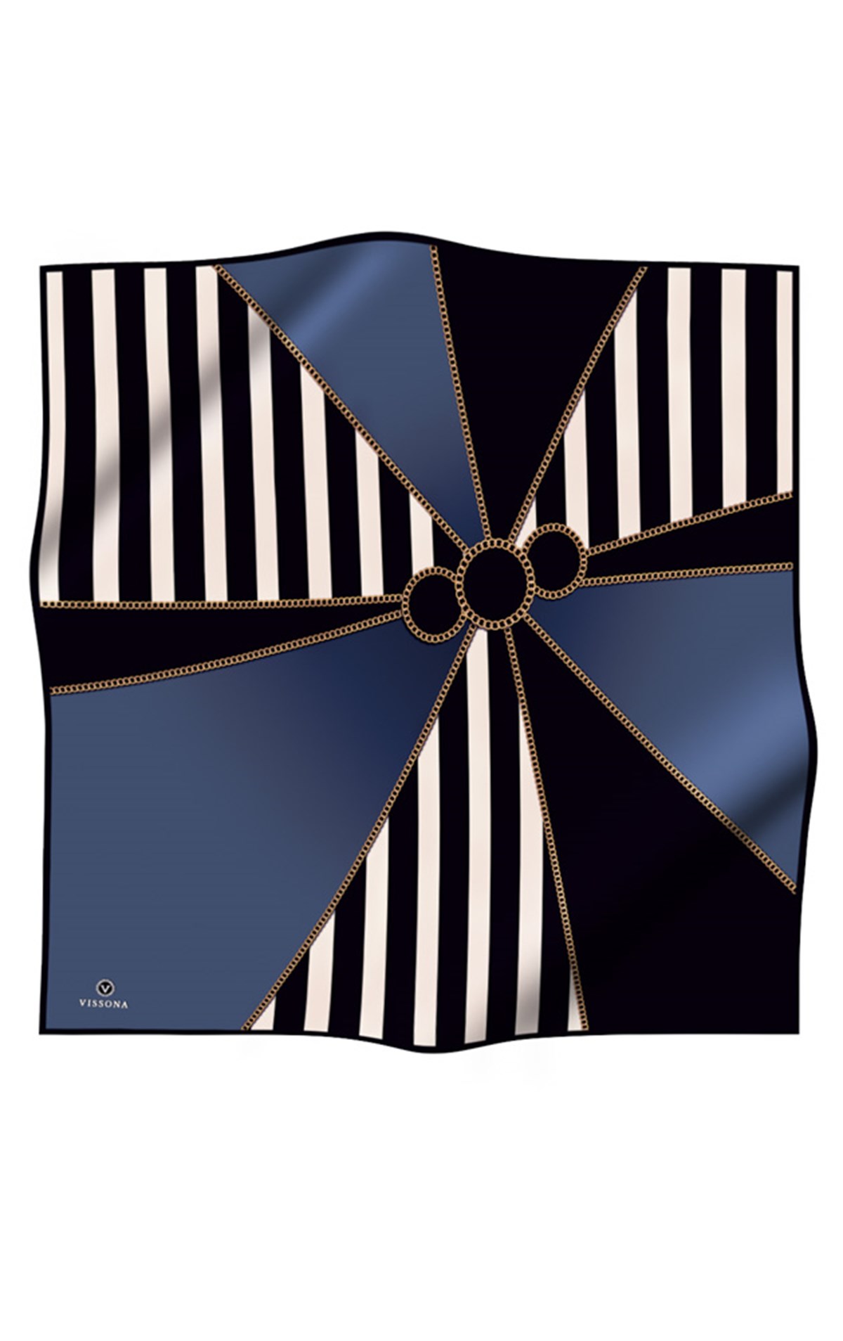 %100 Twill İpek Zincirli Çizgi Desenli Siyah - İndigo Renkli 90x90 Eşarp Dikim Şekli : El Dikişi