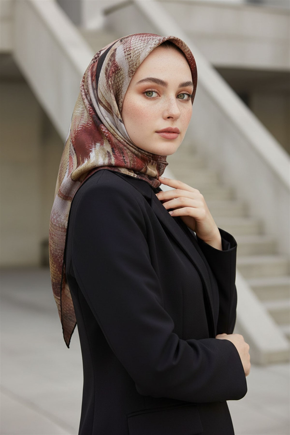 %100 Twill İpek Efektli ve Geometrik Desenli Bej - Kırmızı Renkli 90x90 Eşarp Dikim Şekli : El Dikişi