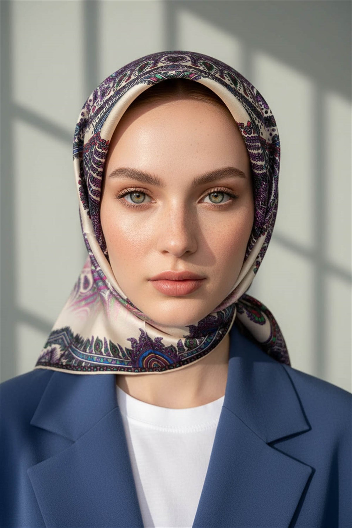 %100 Twill İpek Şal Desenli Krem Renkli 90x90 Eşarp Dikim Şekli : El Dikişi