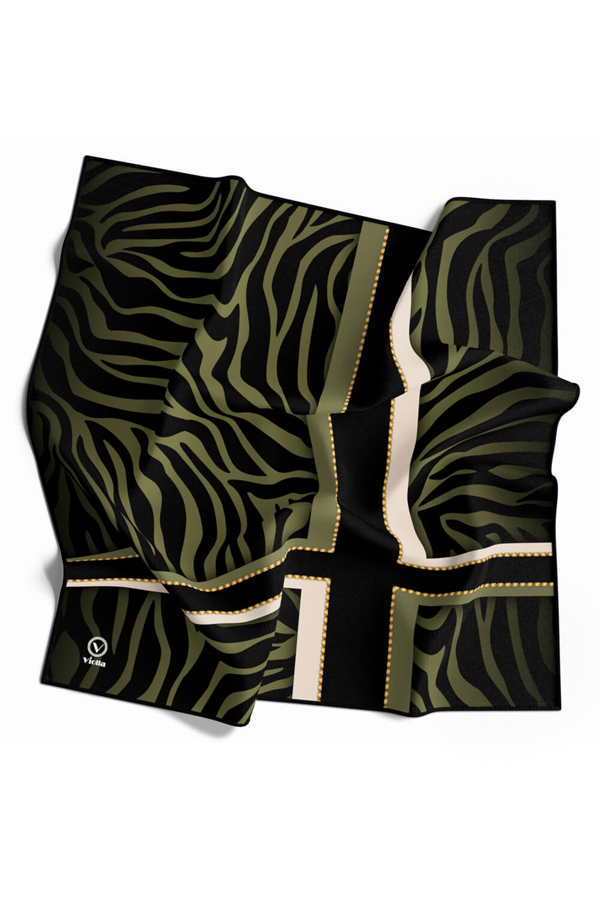 Twill Zebra Desenli Siyah - Haki Renkli 90x90 Eşarp (İpek İçermez) Dikim Şekli : El Dikişi