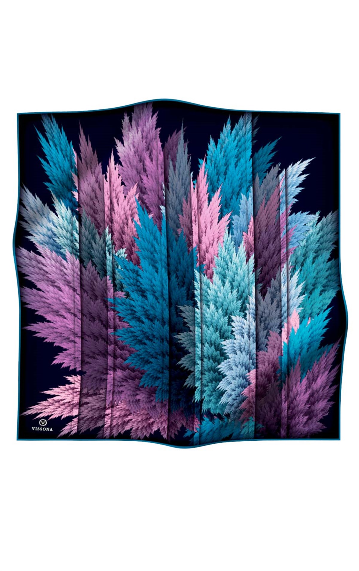 %100 Twill İpek Yaprak Desenli Lacivert - Petrol Mavisi Renkli 90x90 Eşarp Dikim Şekli : El Dikişi