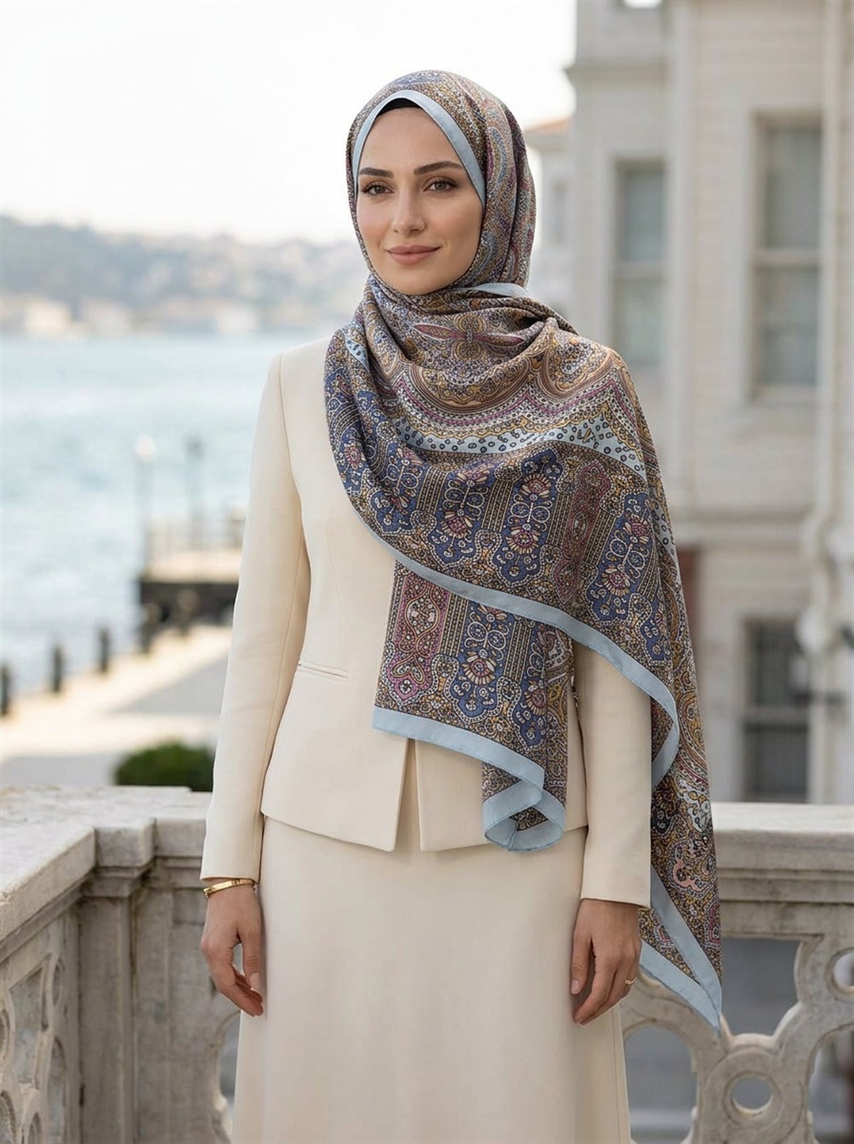 100% İpek Etnik Desenli Bebe Mavisi - Pudra Renkli 92x210 Şal