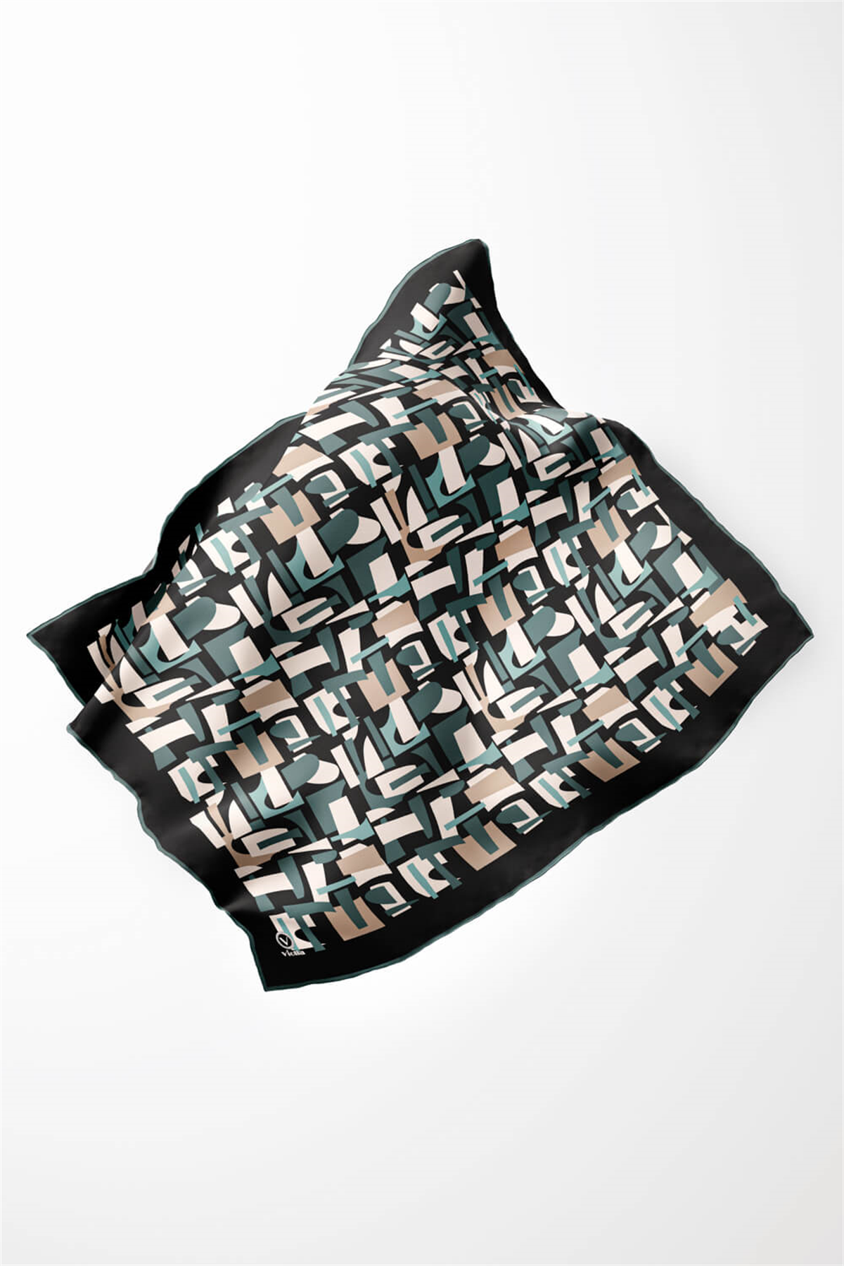 Twill Geometrik Desenli Mint Yeşili - Bej Renkli 90x90 Eşarp (İpek İçermez) Dikim Şekli : El Dikişi