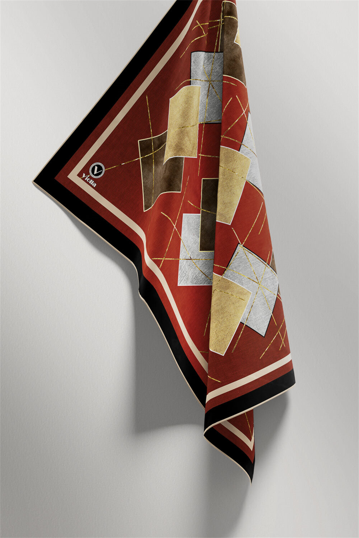 Twill Geometrik Desenli Taba Renkli 90x90 Eşarp (İpek İçermez) Kenar Dikiş Şekli El Dikişli