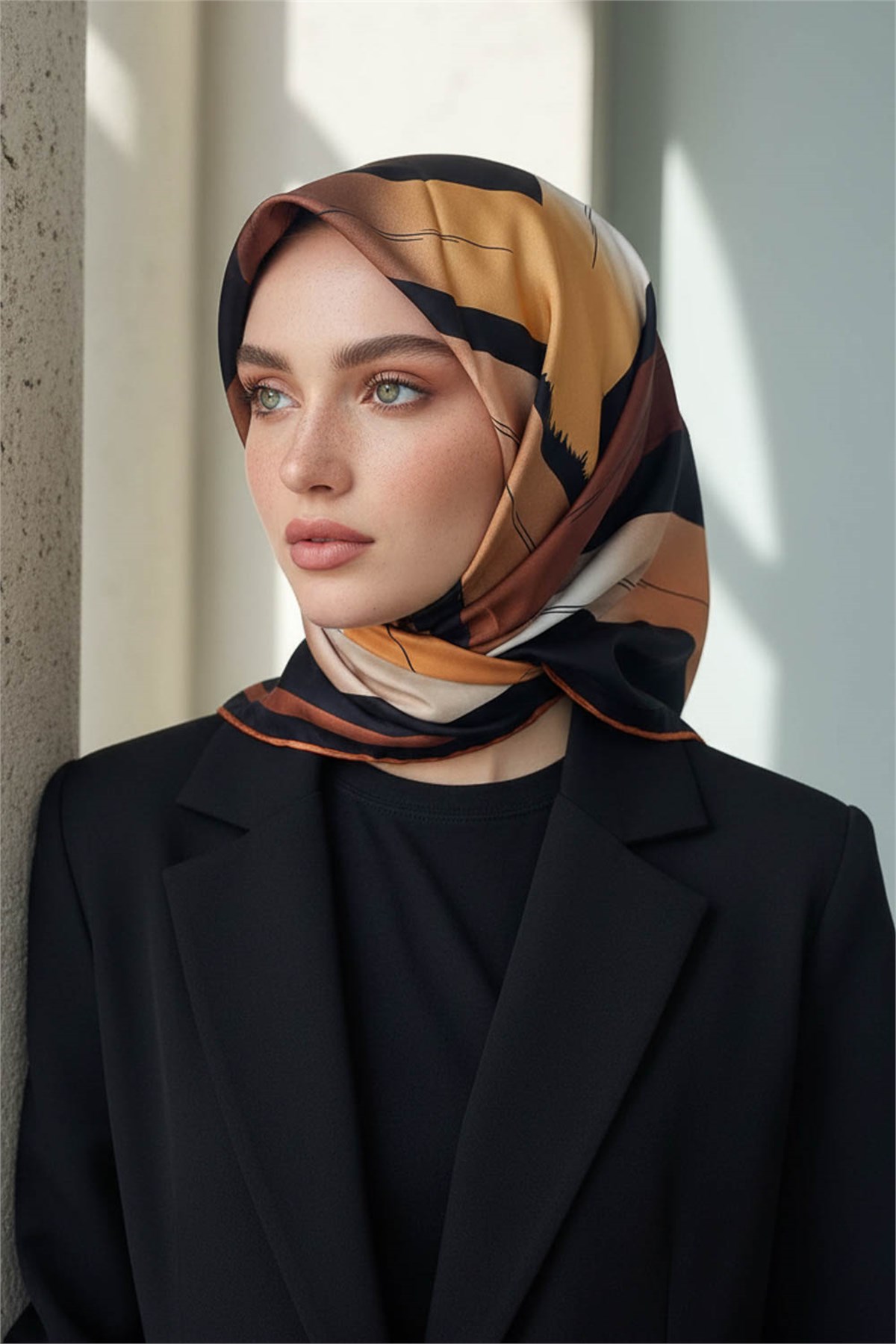 %100 Twill İpek Geometrik Fırça İzi Desenli Siyah - Taba Renkli 90x90 Eşarp Dikim Şekli : El Dikişi