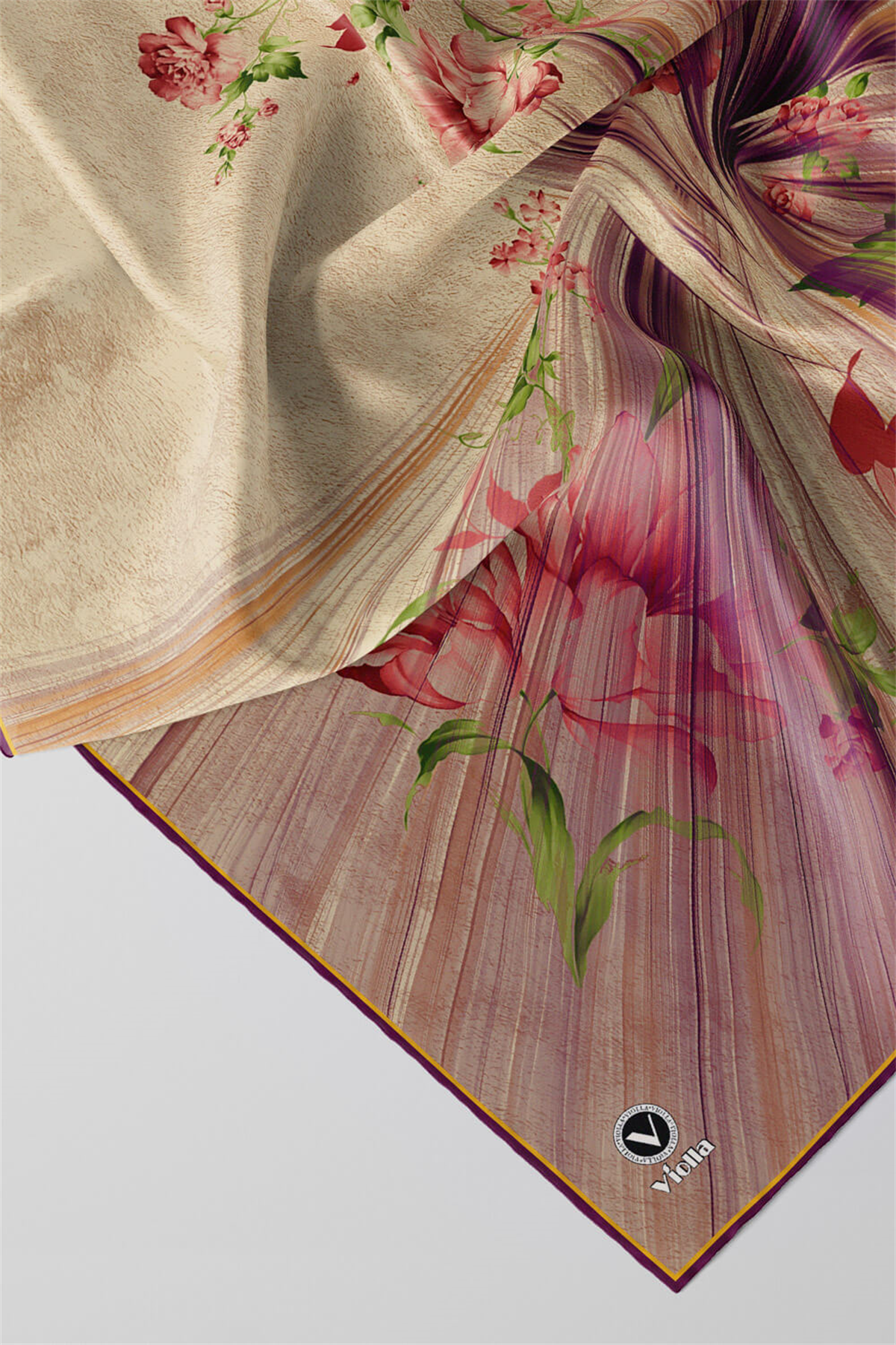Twill Çiçekli Desenli Mürdüm Renkli 90x90 Eşarp (İpek İçermez) Kenar Dikiş Şekli El Dikişli