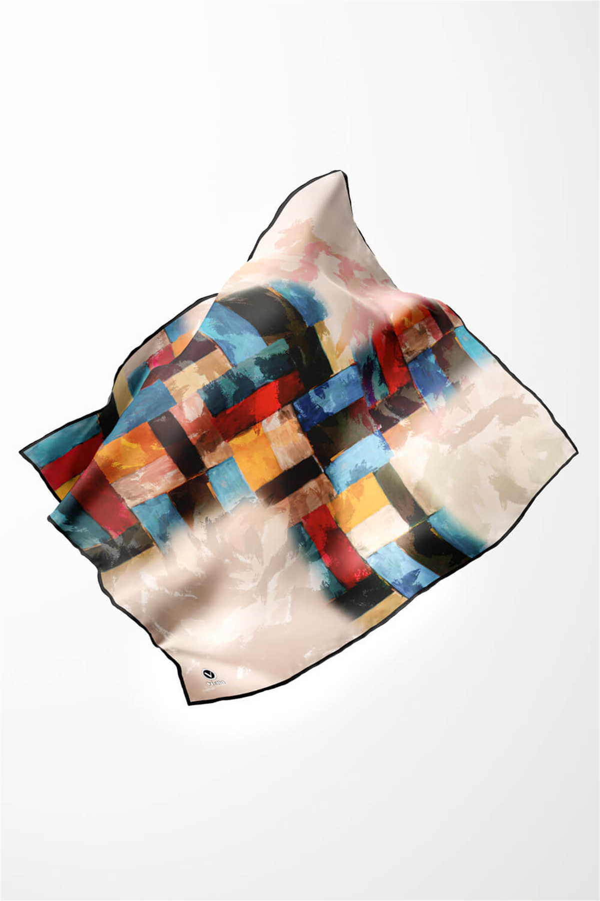 Twill Yağlı Boya Desenli Petrol Mavisi Renkli 90x90 Eşarp (İpek İçermez) Kenar Dikiş Şekli El Dikişli