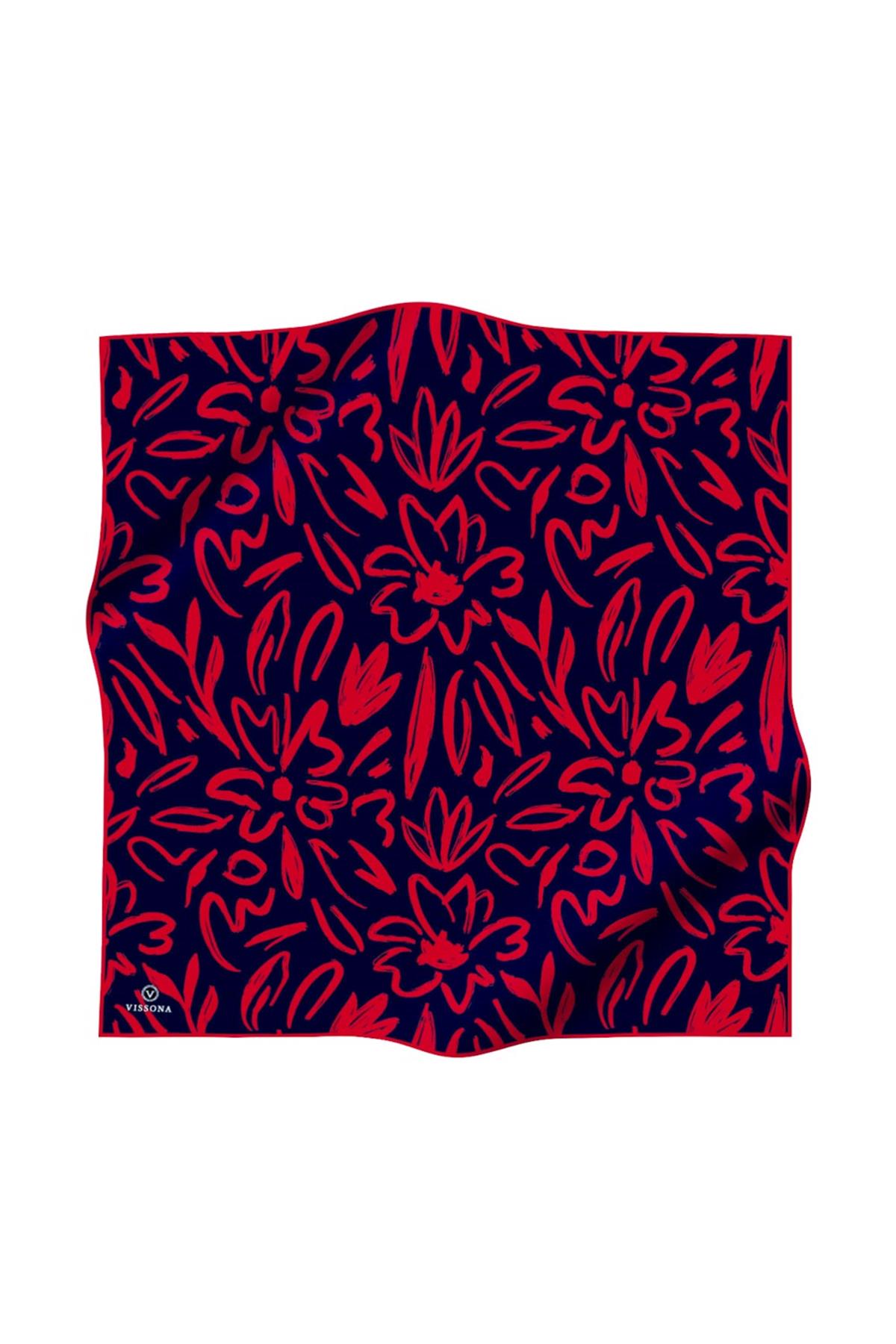 %100 Twill İpek Büyük Çiçek Desenli Lacivert - Kırmızı Renkli 90x90 Eşarp Dikim Şekli : El Dikişi