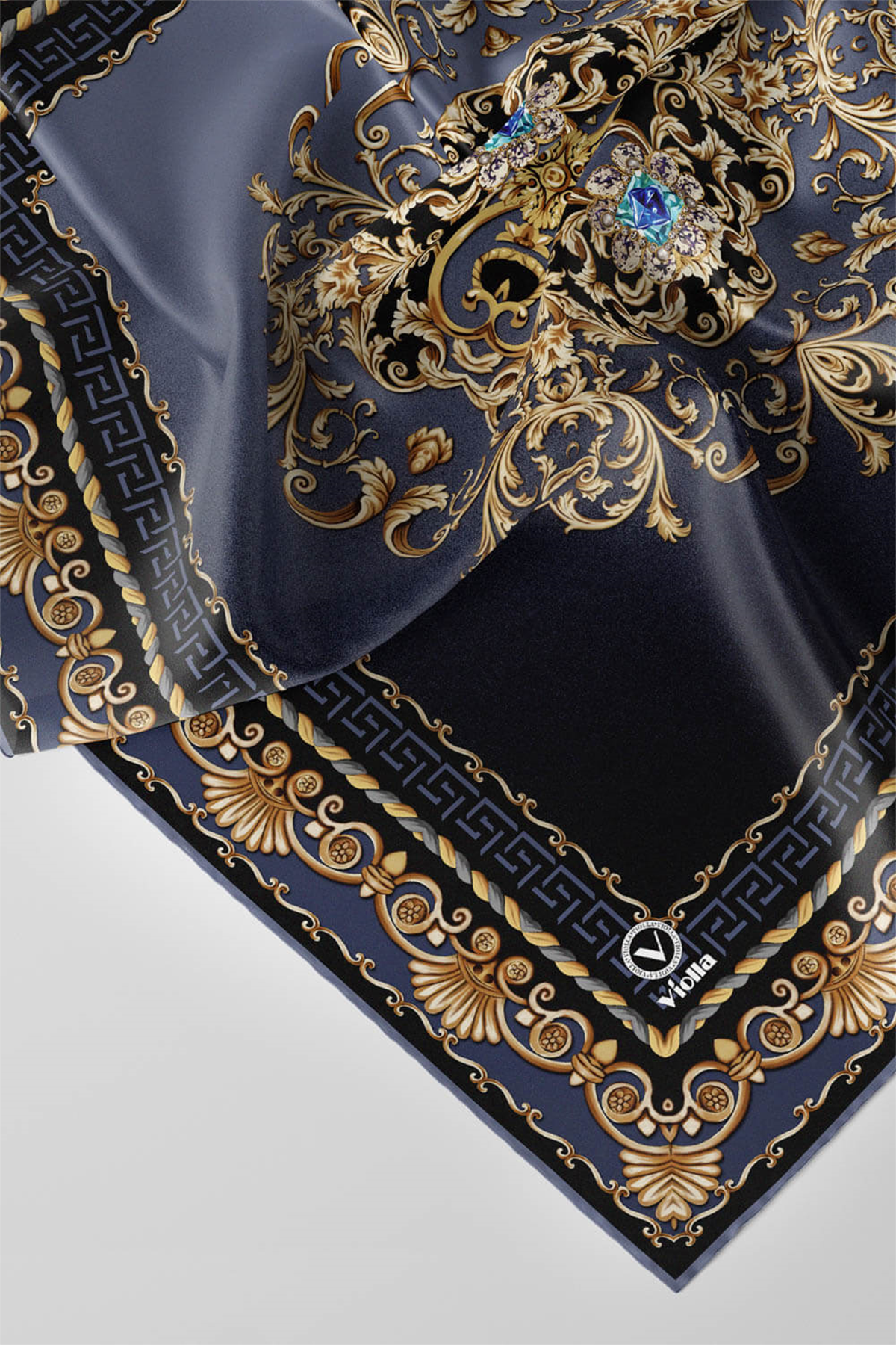 Twill Barok Desenli İndigo Renkli 90x90 Eşarp (İpek İçermez) Dikim Şekli : El Dikişi