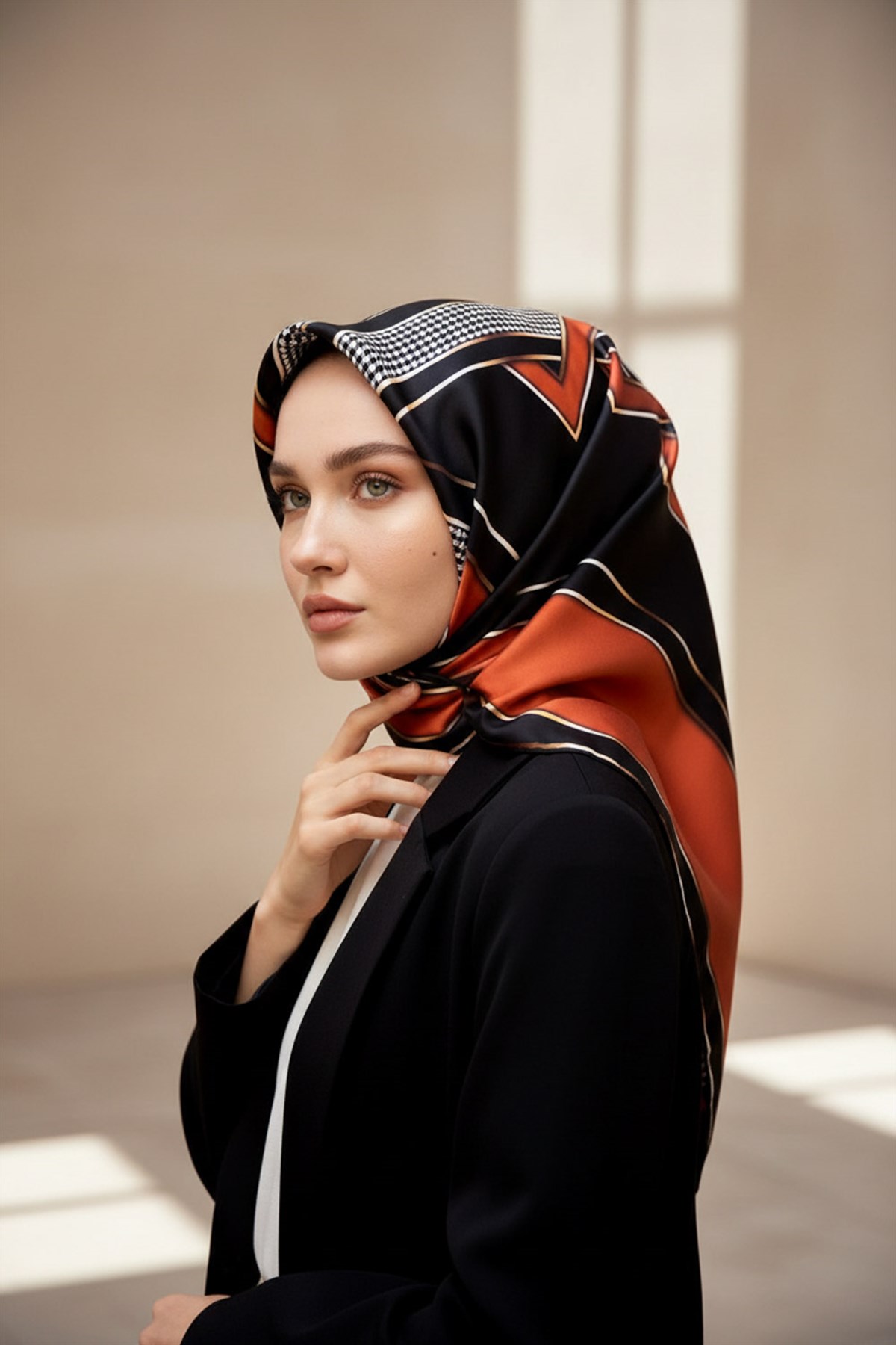 %100 Twill İpek Kareli Kazayaklı Desenli Taba - Siyah Renkli 90x90 Eşarp Kenar Dikiş Şekli El Dikişli
