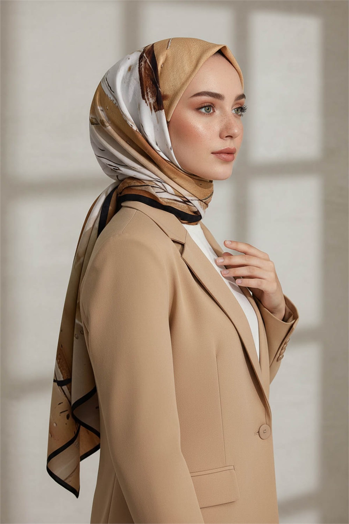 KREP BATİK DESENLİ BEJ - TABA RENKLİ 75X195 KIRIŞMAZ ŞAL