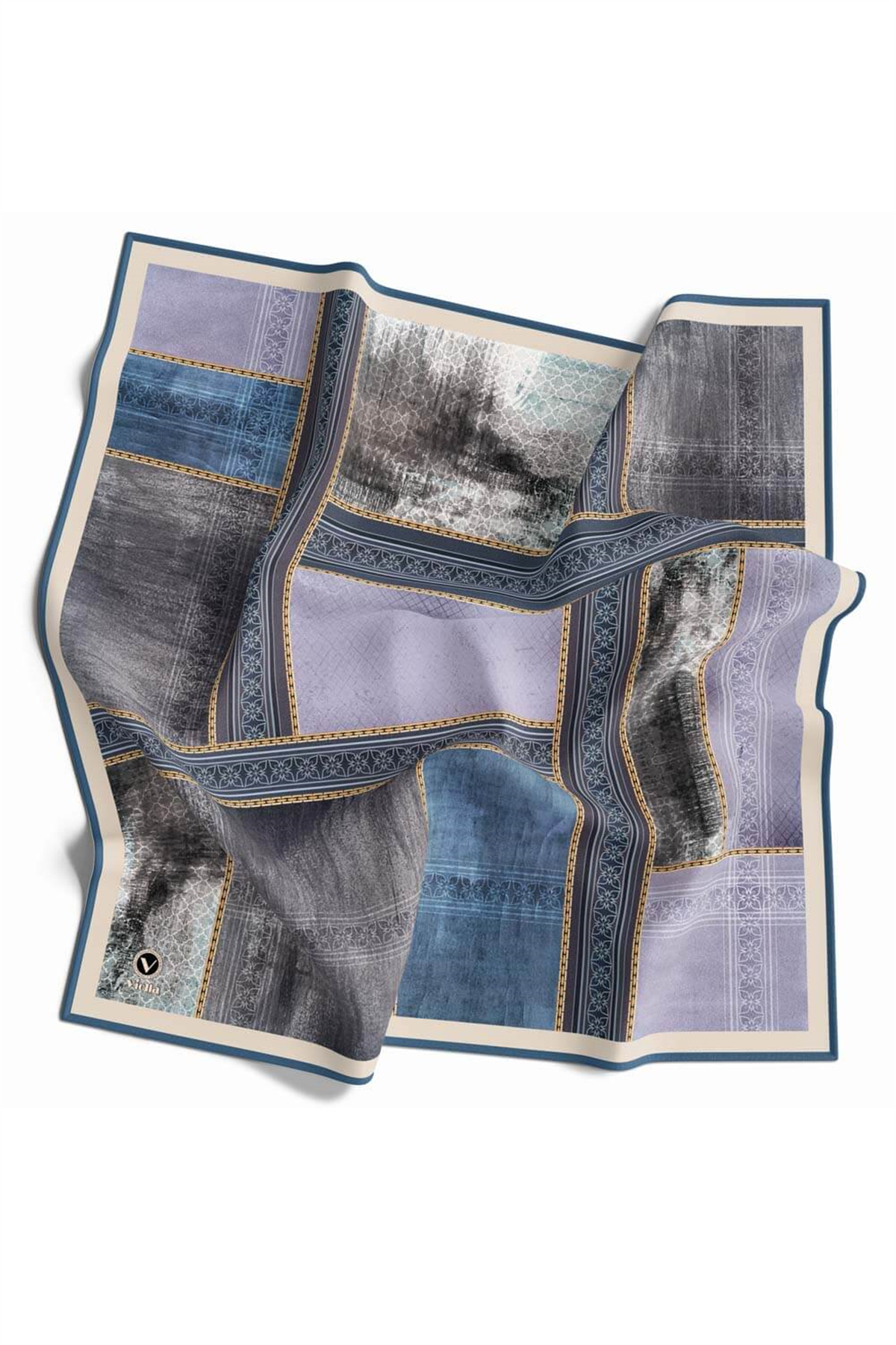 Twill Dokulu Ve Geometrik Desenli Bebe Mavisi Renkli 90x90 Eşarp (İpek İçermez) Dikim Şekli : El Dikişi