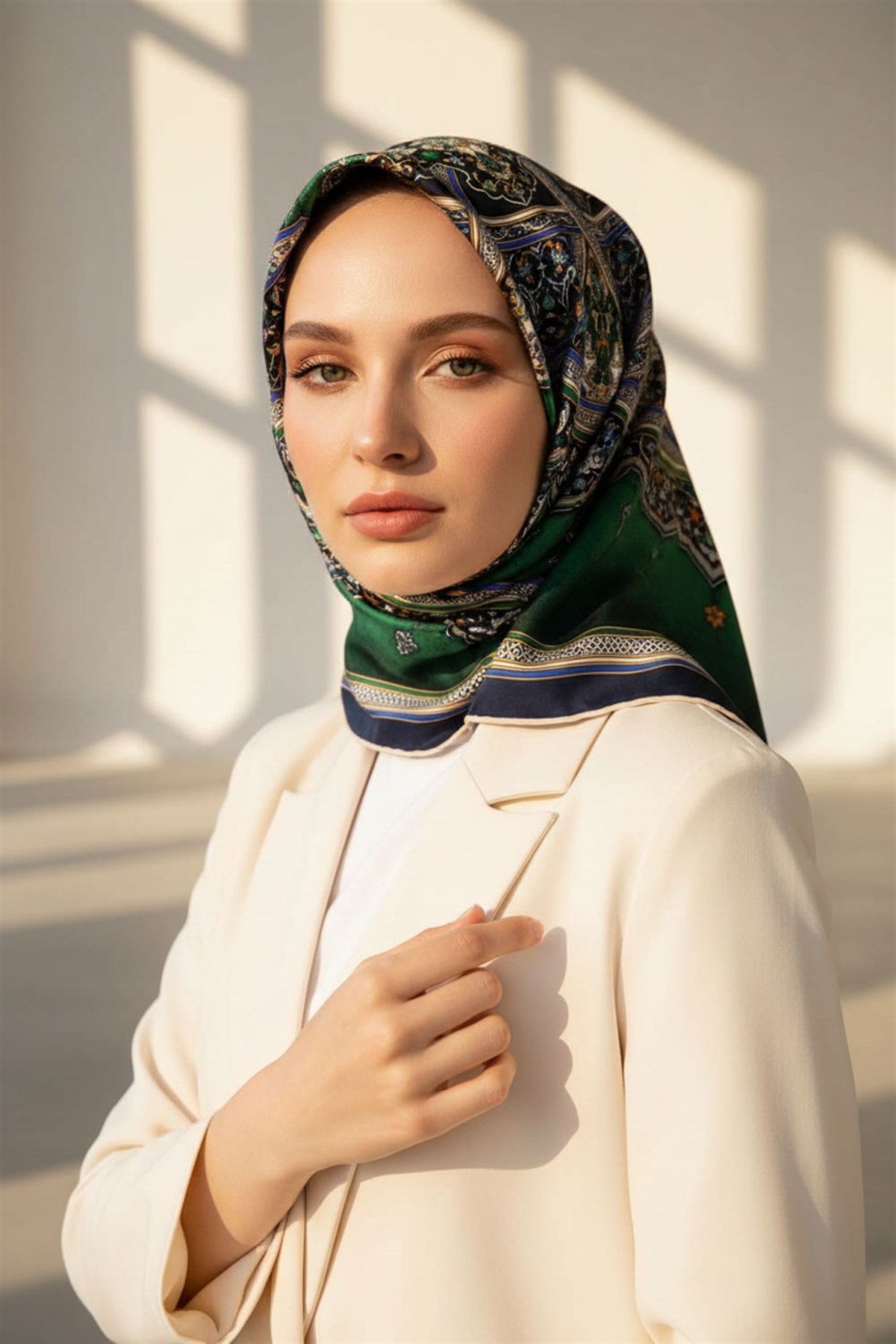 %100 Twill İpek Şal Desenli Zümrüt Yeşili - İndigo Renkli 90x90 Eşarp Dikim Şekli : El Dikişi