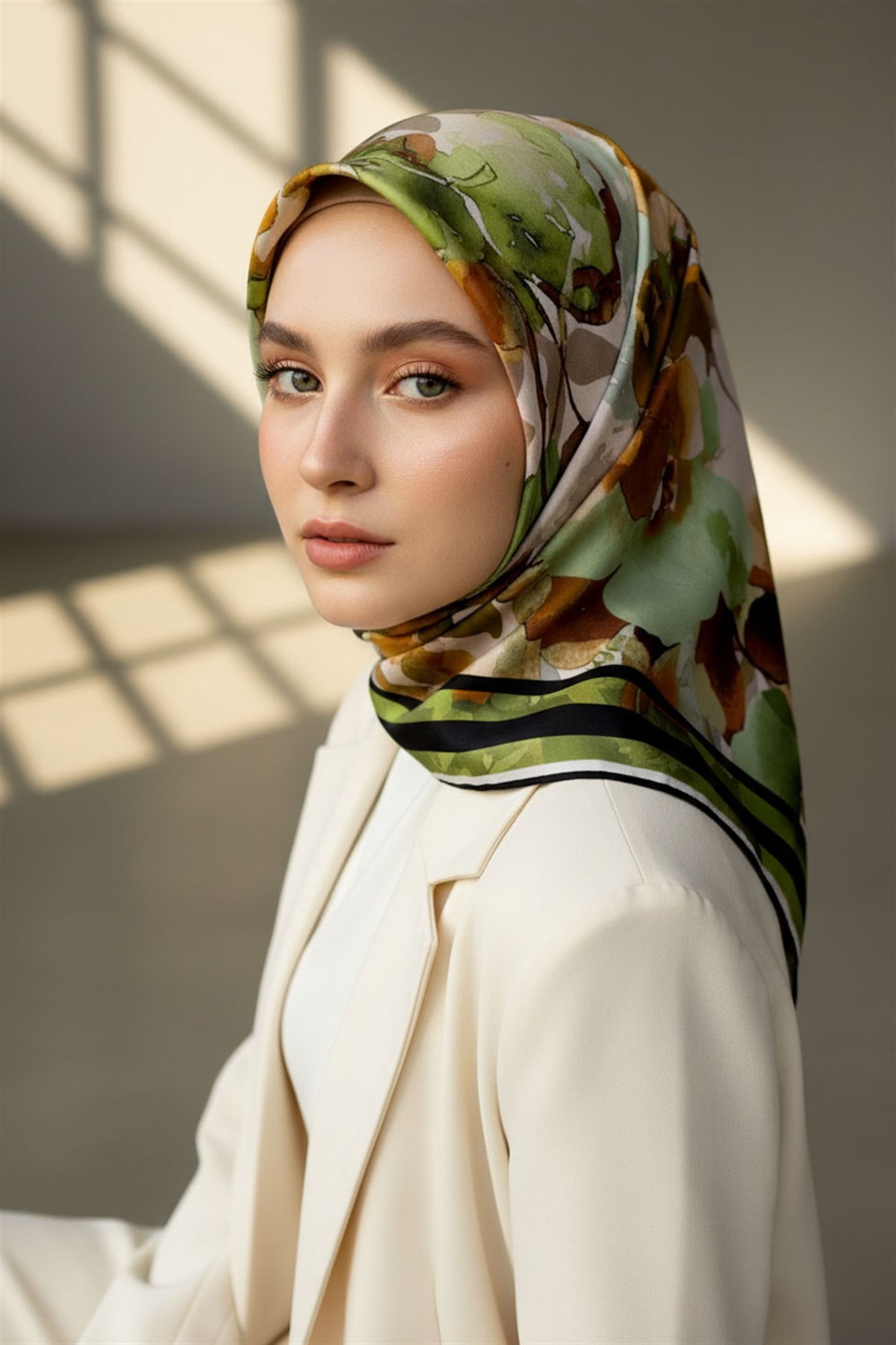 % 57 İPEK % 43 VİSKON Twill İpek Sulu Boyalı Çiçek Desenli Haki - Vizon Renkli 90x90 Eşarp Dikim Şekli : El Dikişi